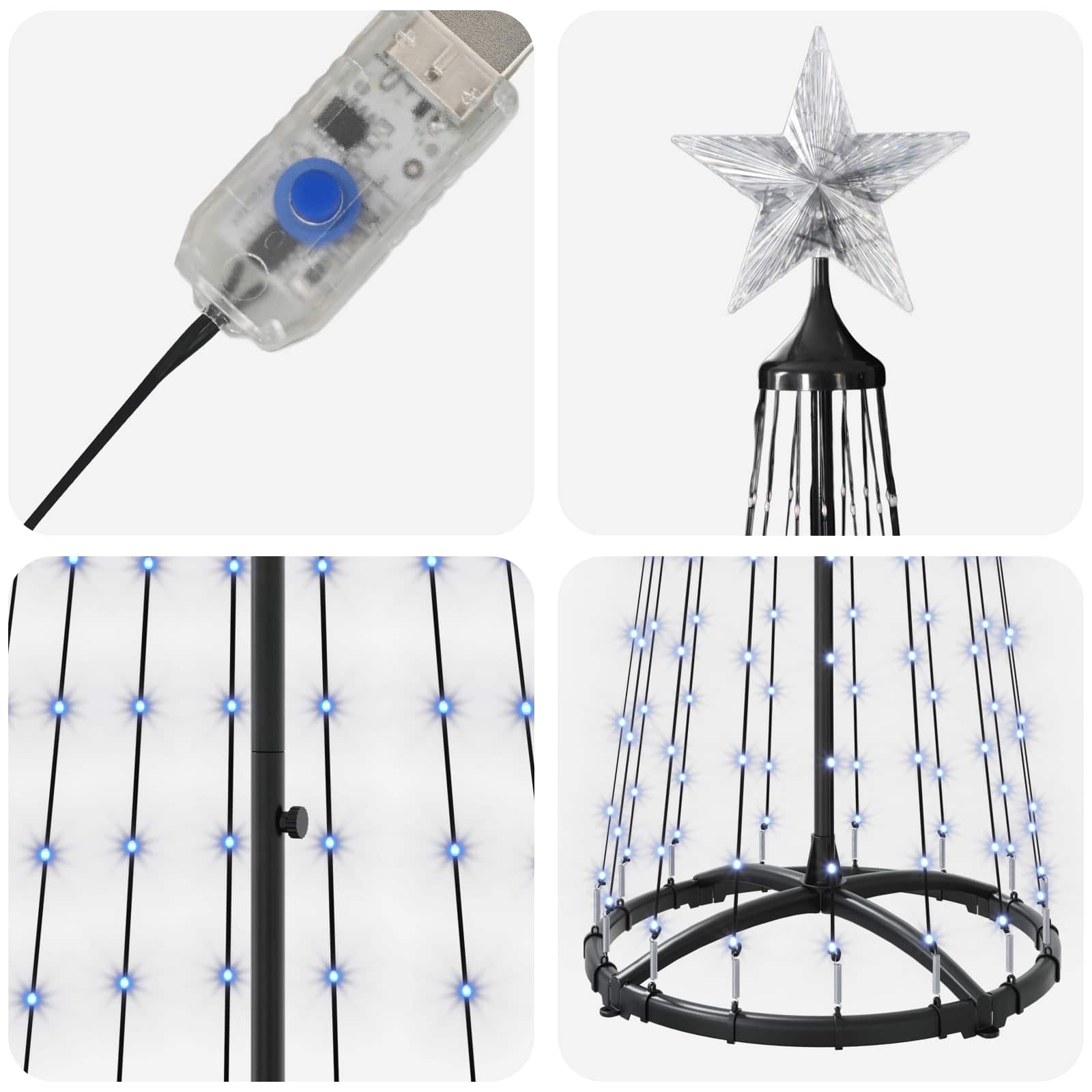 LED stožčasto božično drevesce 180 cm 250 LED Modra Jeklo Bela