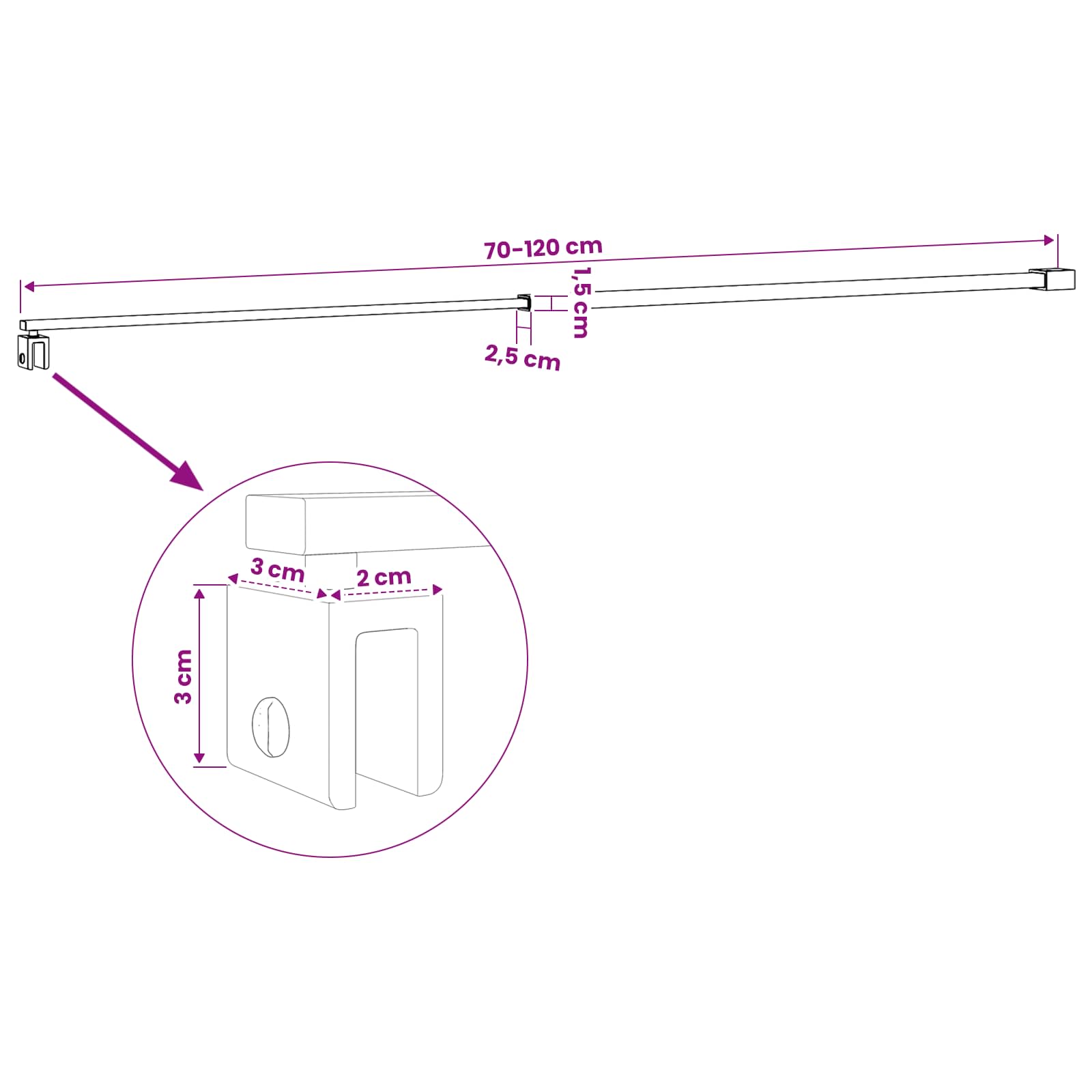 Stabilizacijska palica za tuš kabino 70-120 cm za 6/8 mm steklo