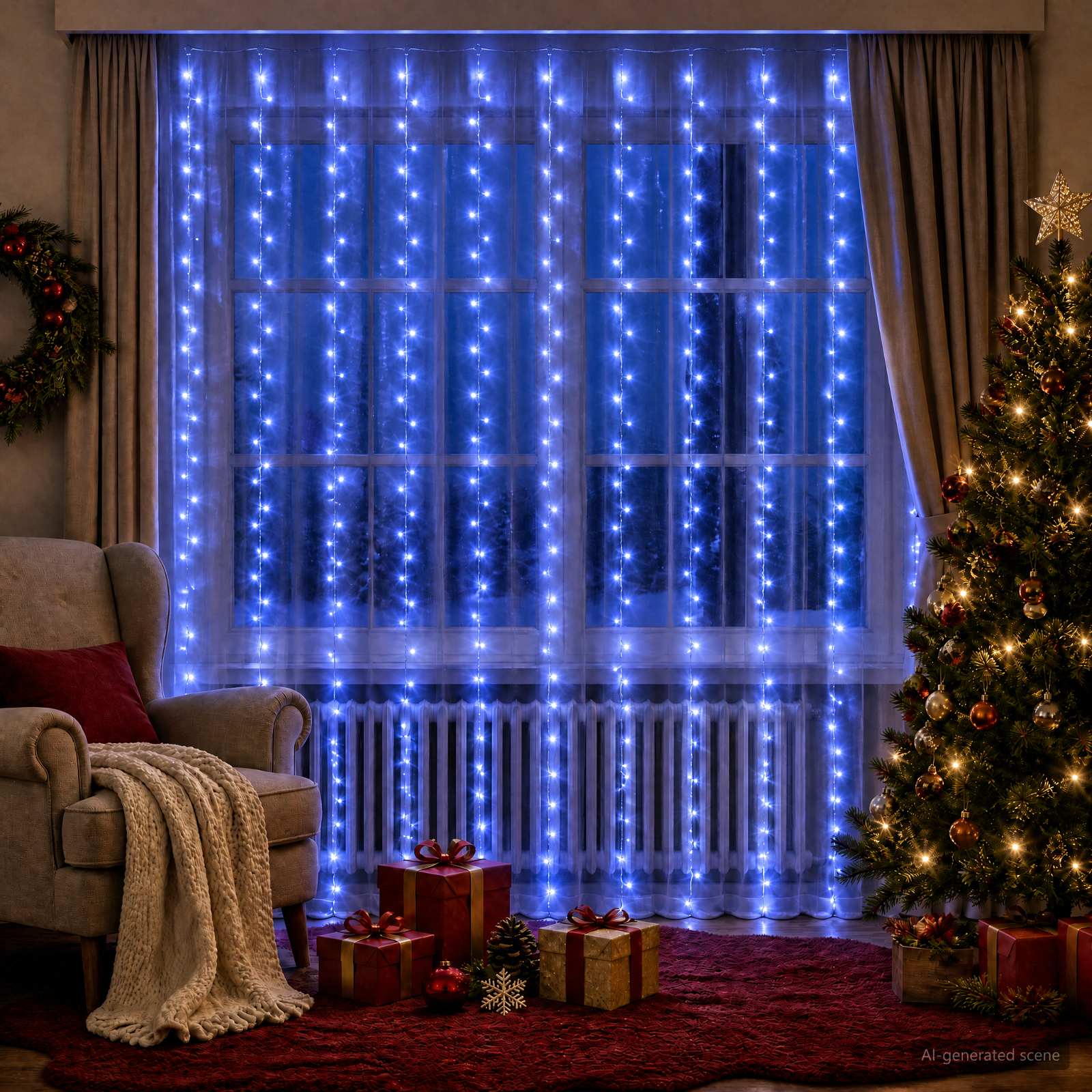 vidaXL Lysgardin 300 LED'er Blå 300 x 300 cm