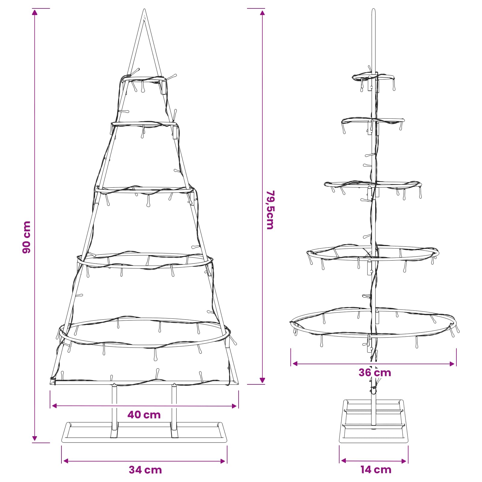 Kovinsko božično drevesce s stojalom KUOPIO 90 cm Toplo bela