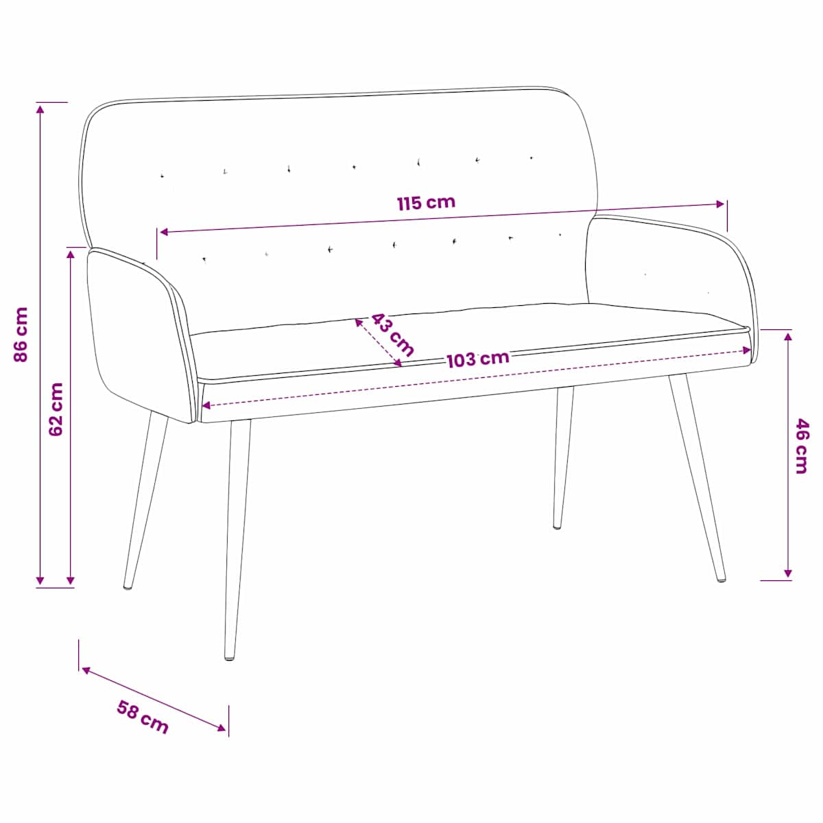 2-personers sofa med metalben 2-personers Fløjl - Billede 8