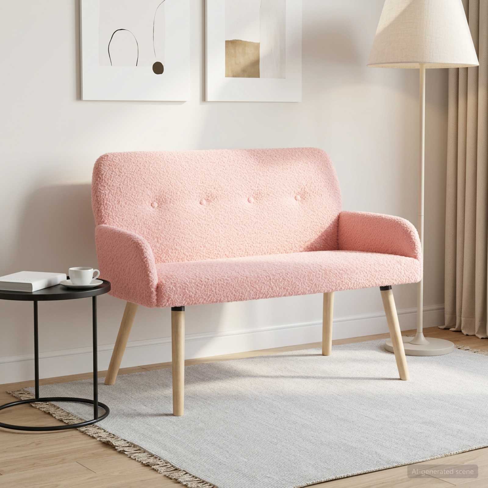 2-zitsbank met massief houten poten Roze Bouclé image 1