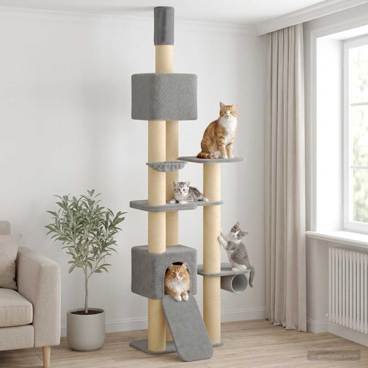 Gulv-til-loft kattetræ med sisalstamme Lysegrå 257-283 cm