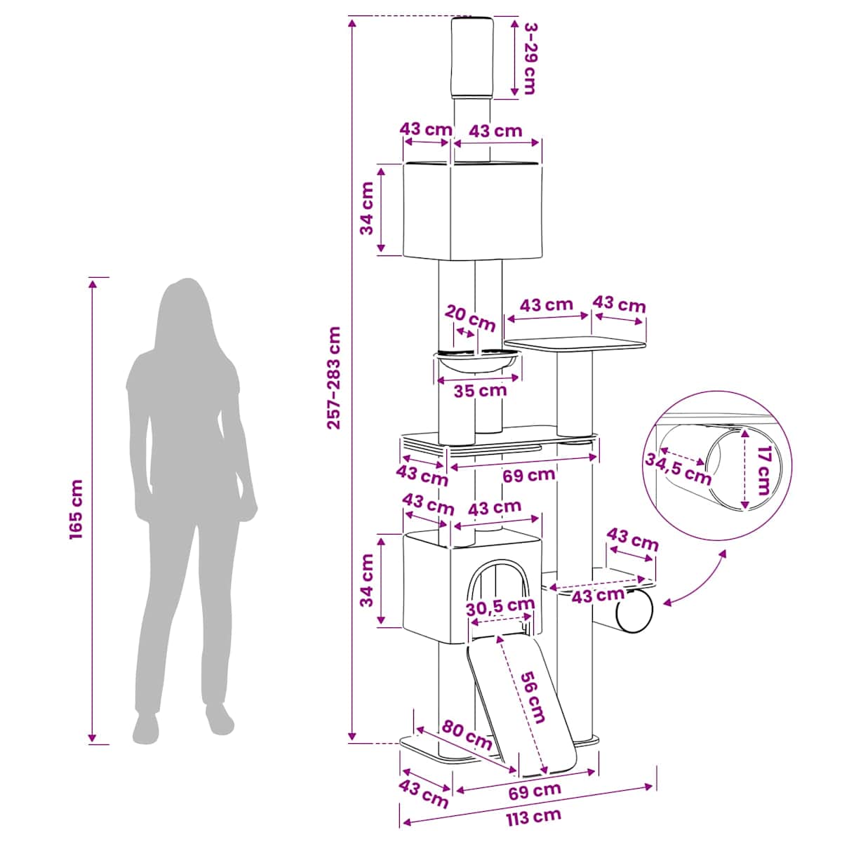 Gulv-til-loft kattetræ med sisalstamme Lysegrå 257-283 cm - Billede 9
