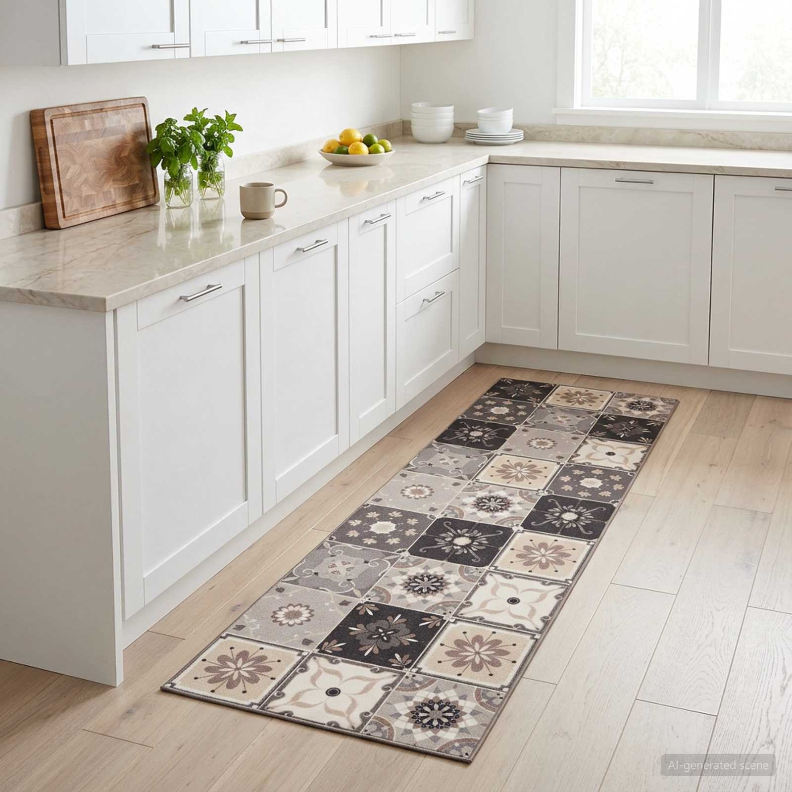 vidaXL Køkken tæppe Grå og beige mosaik 300 x 60 cm 100% polyamid