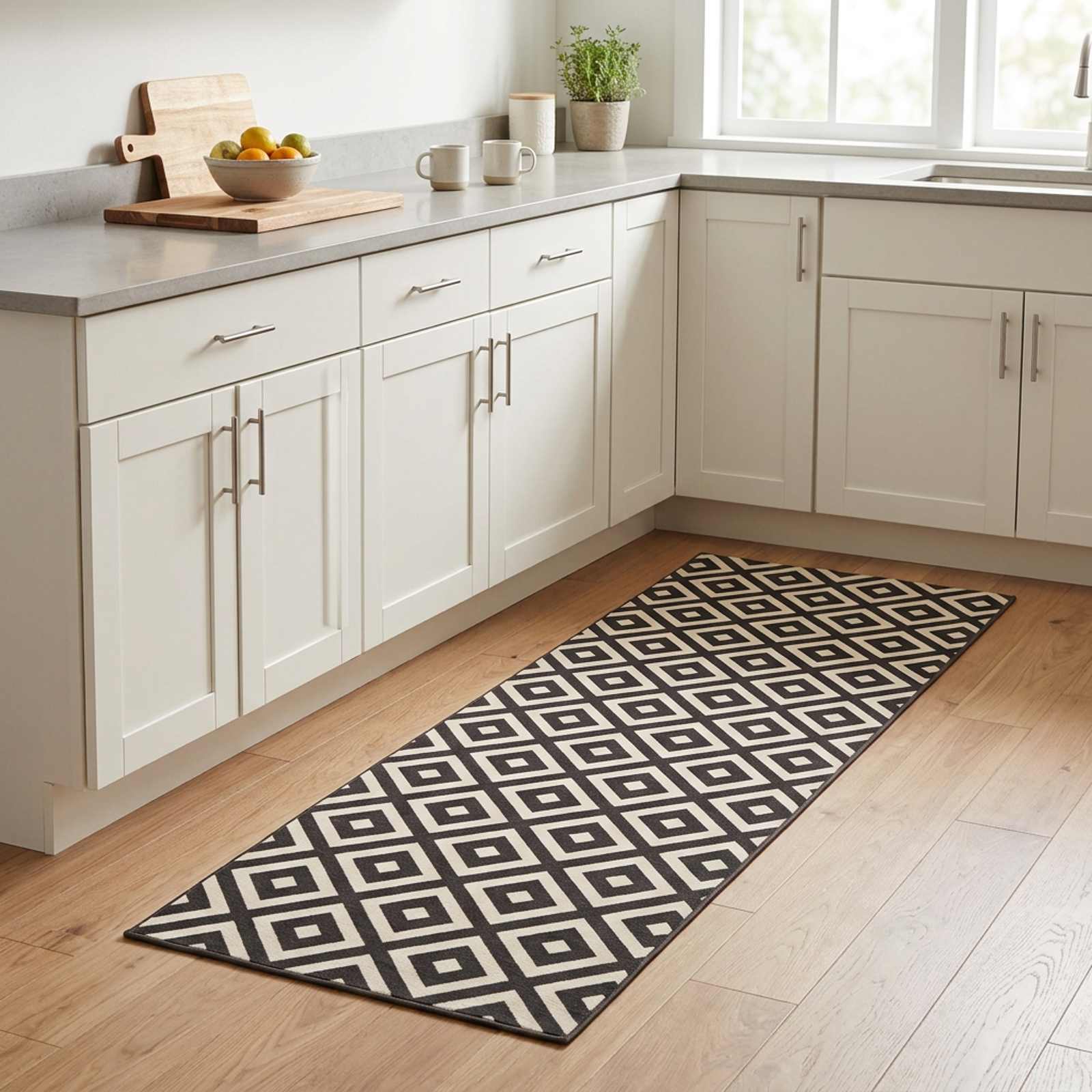 Kuhinjska preproga sivi in beli diamanti 300 x 60 cm