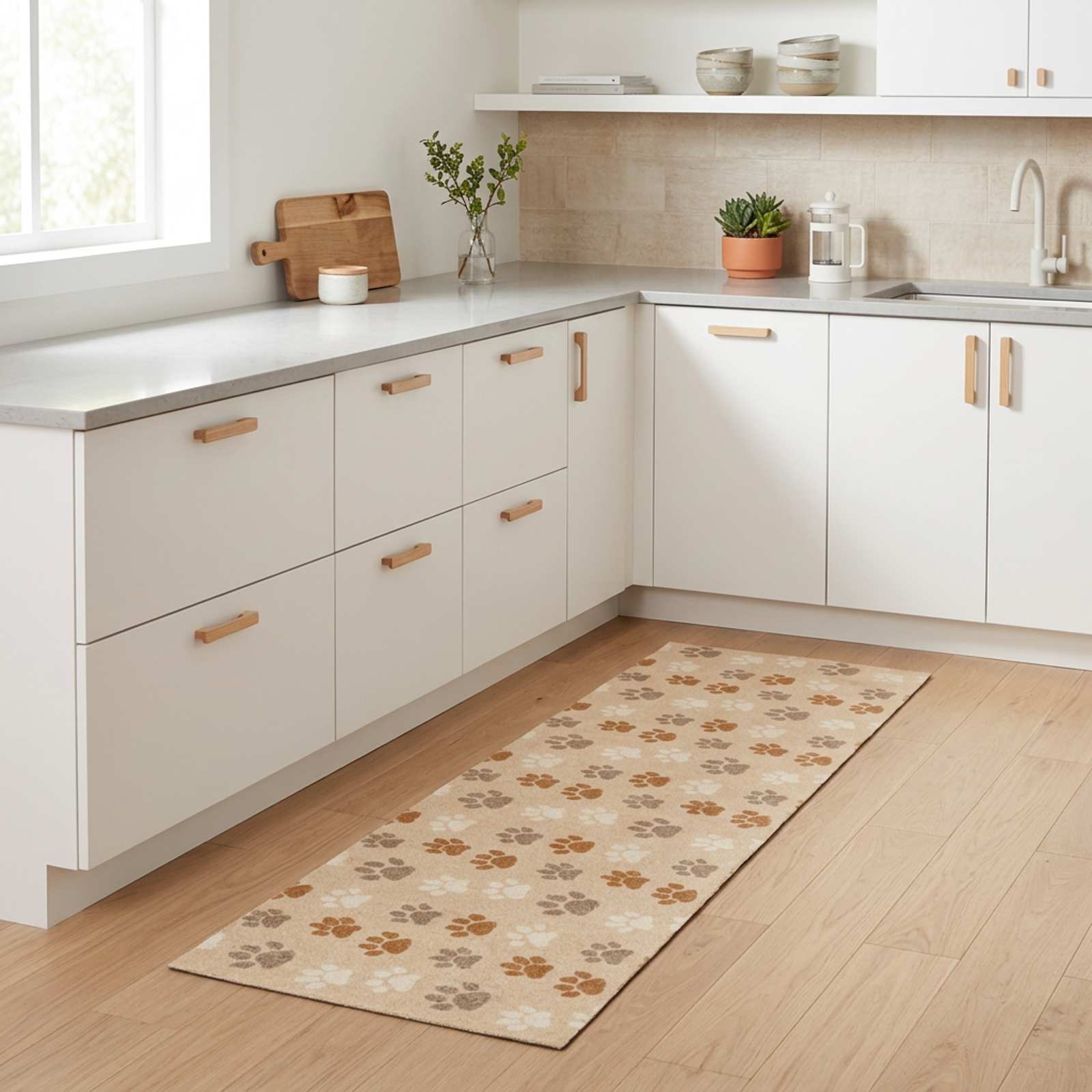 Kuhinjska preproga bež tačke 180 x 60 cm 100% poliamid Pralna