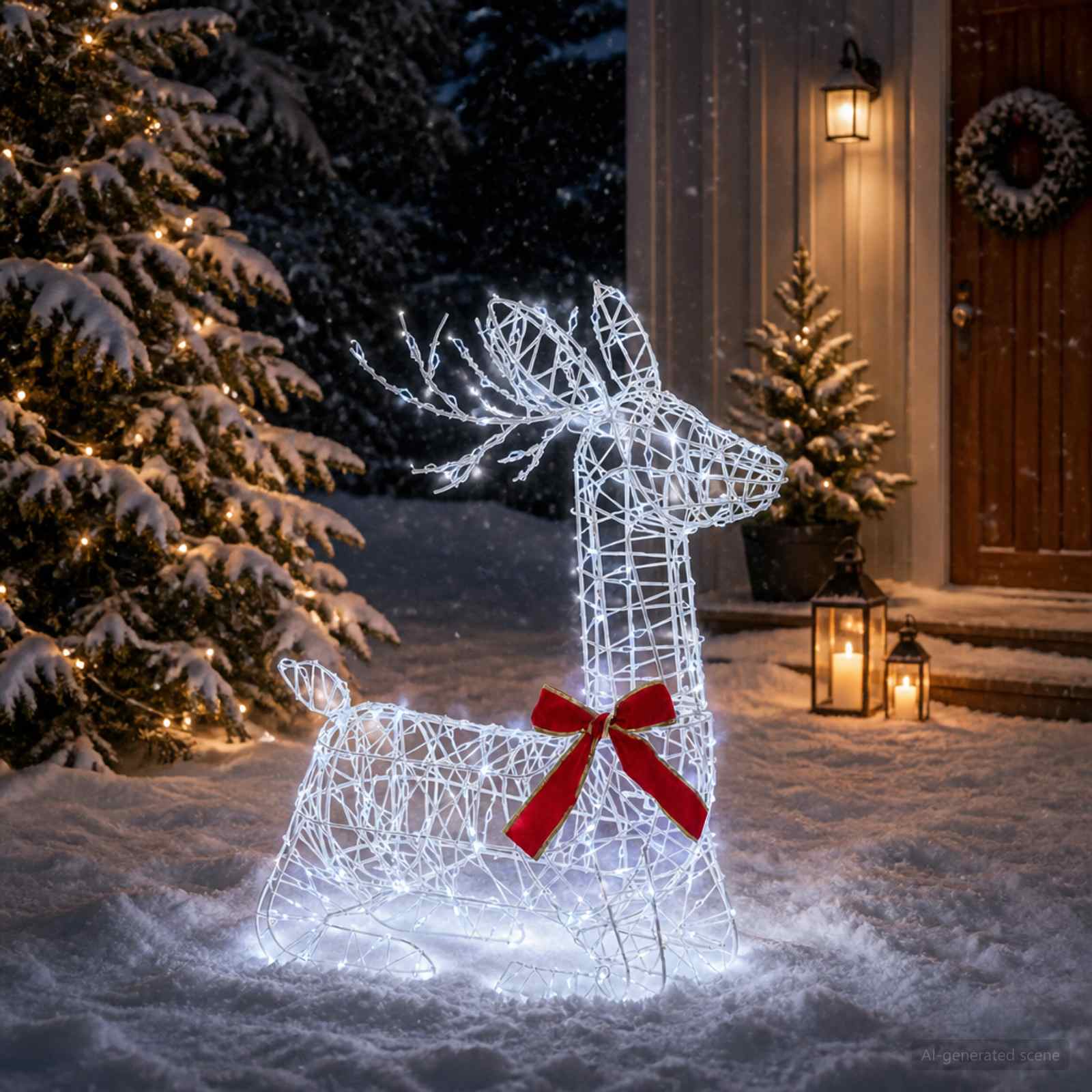 Illuminated wireframe reindeer decoration with red bow, front view in snowy garden setting.