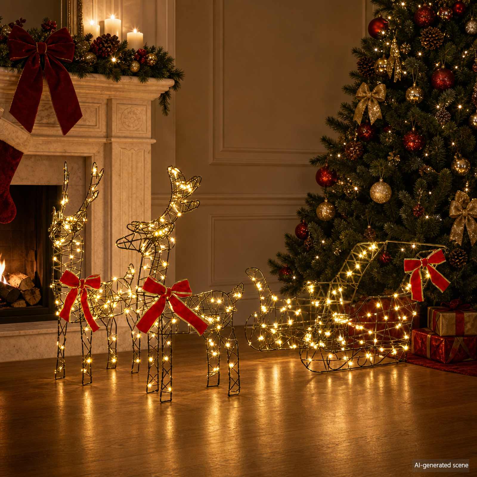 3D božični jelen s sanmi LOVIISA 3 kos 400 LED Toplo bela