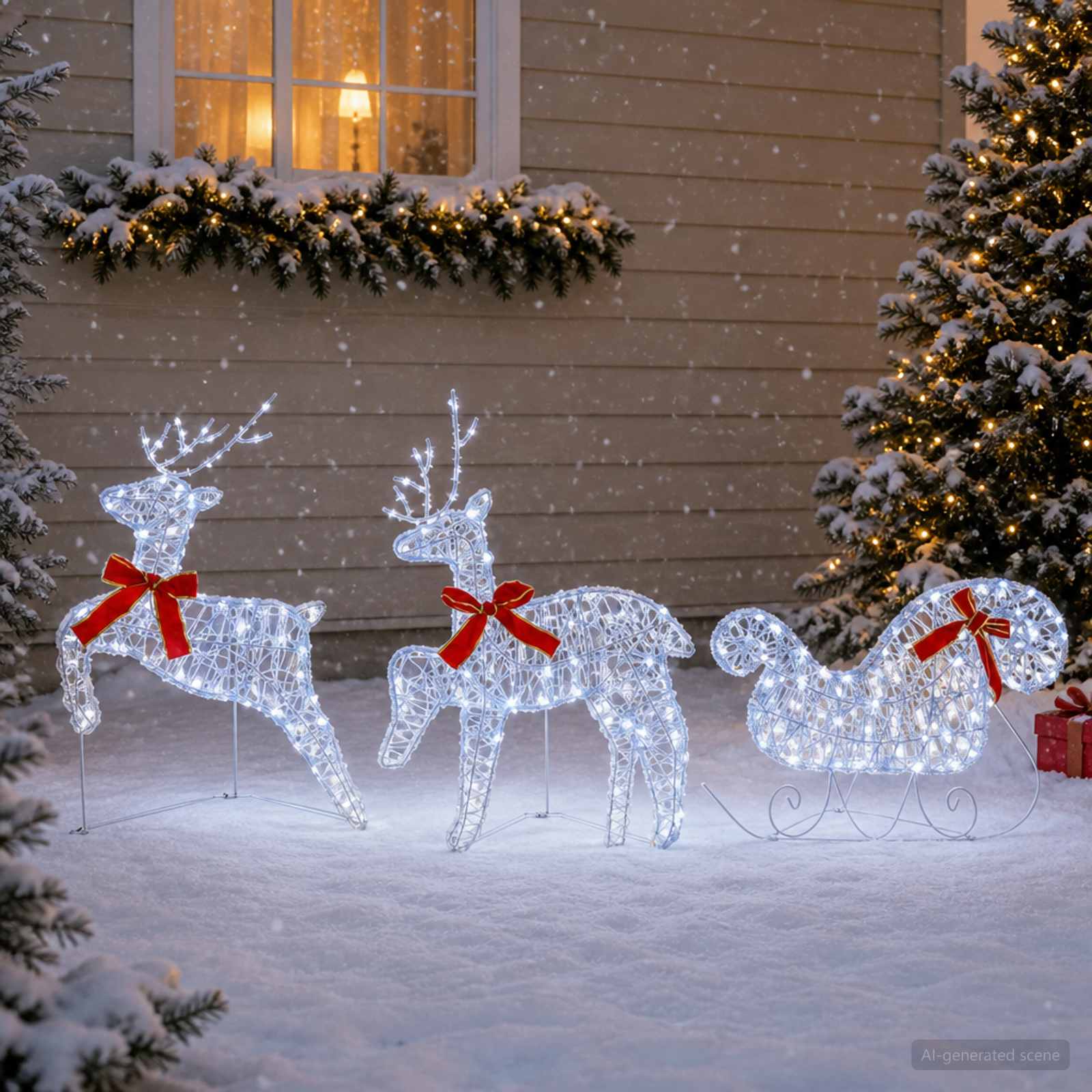 Božični jelen s sanmi 3 kos 60 LED Hladno bela 150 x 19 x 65 cm