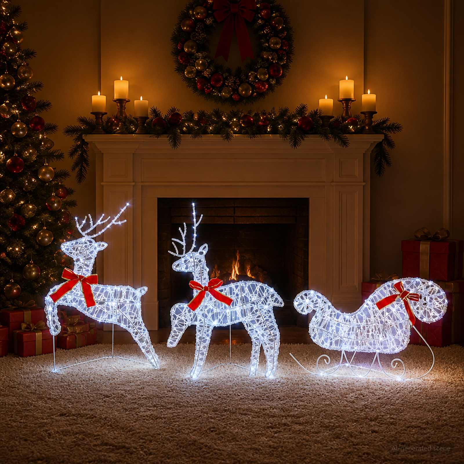 Božični jelen s sanmi 3 kos 60 LED Hladno bela 150 x 19 x 65 cm