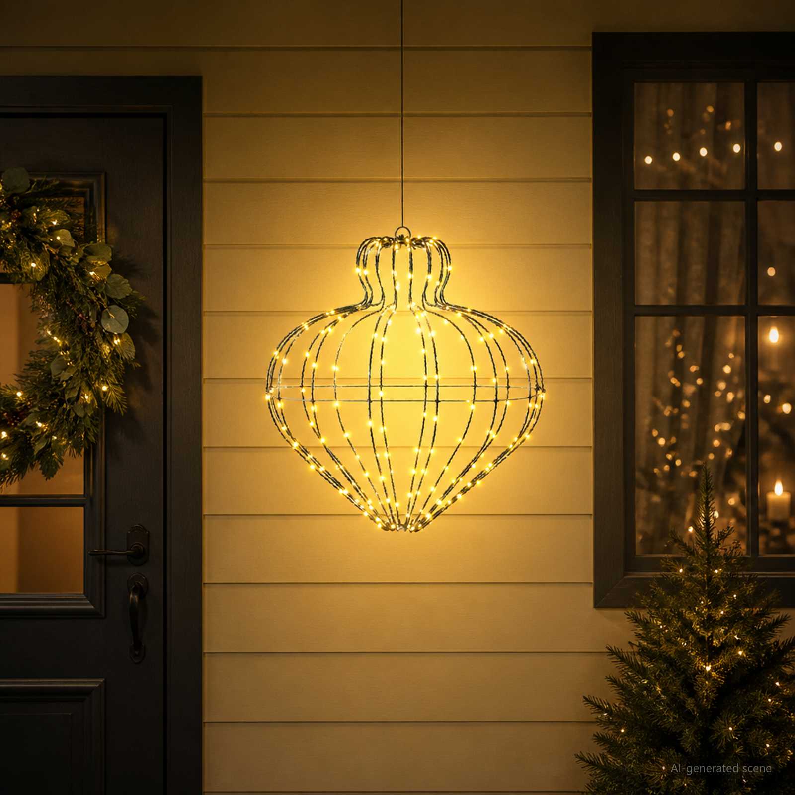 Illuminated Christmas finial light with 192 warm white LEDs, hanging above a door with a wreath and a Christmas tree nearby.