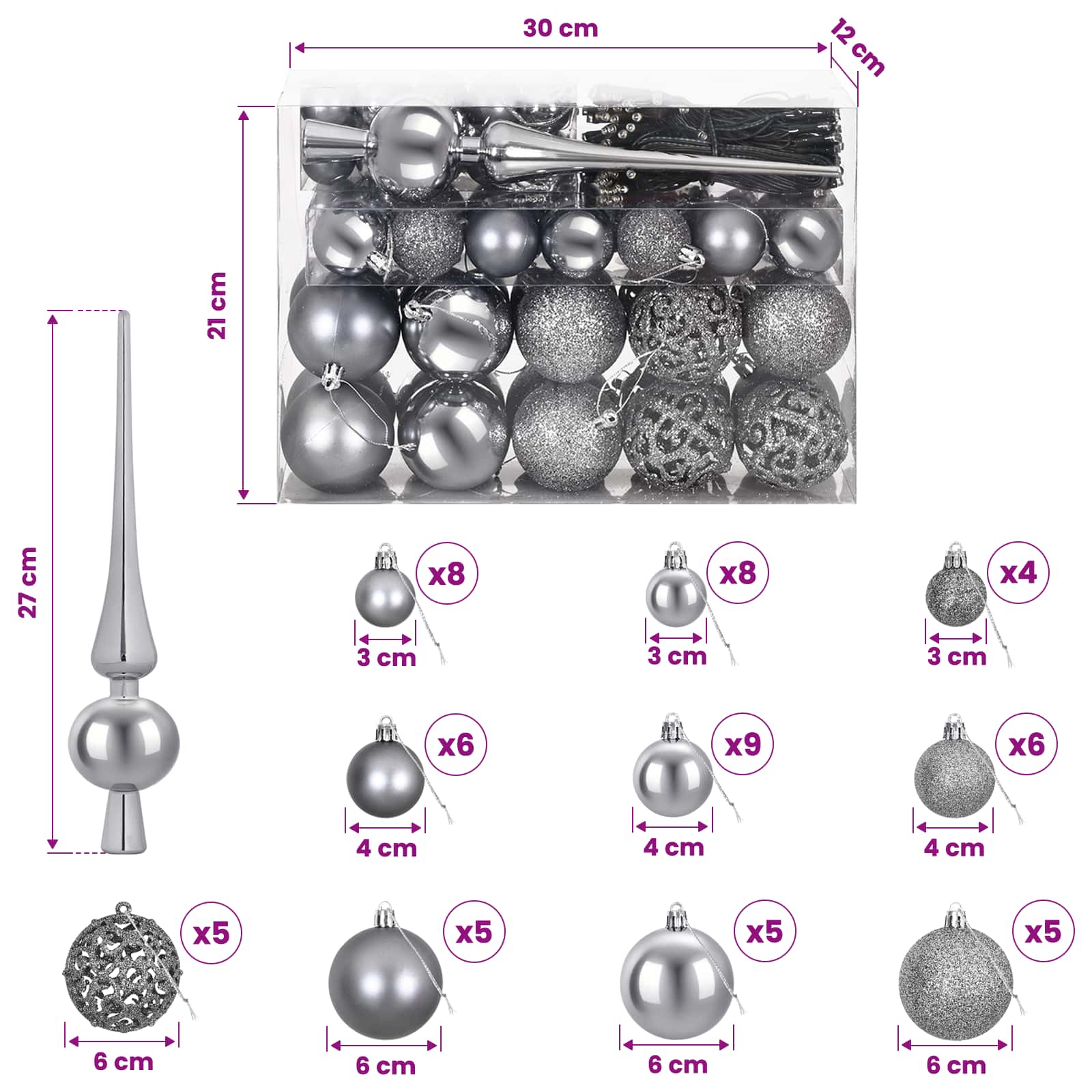 Set božičnih okraskov 61 kos Siva Premer 6 cm Plastika 300 LED