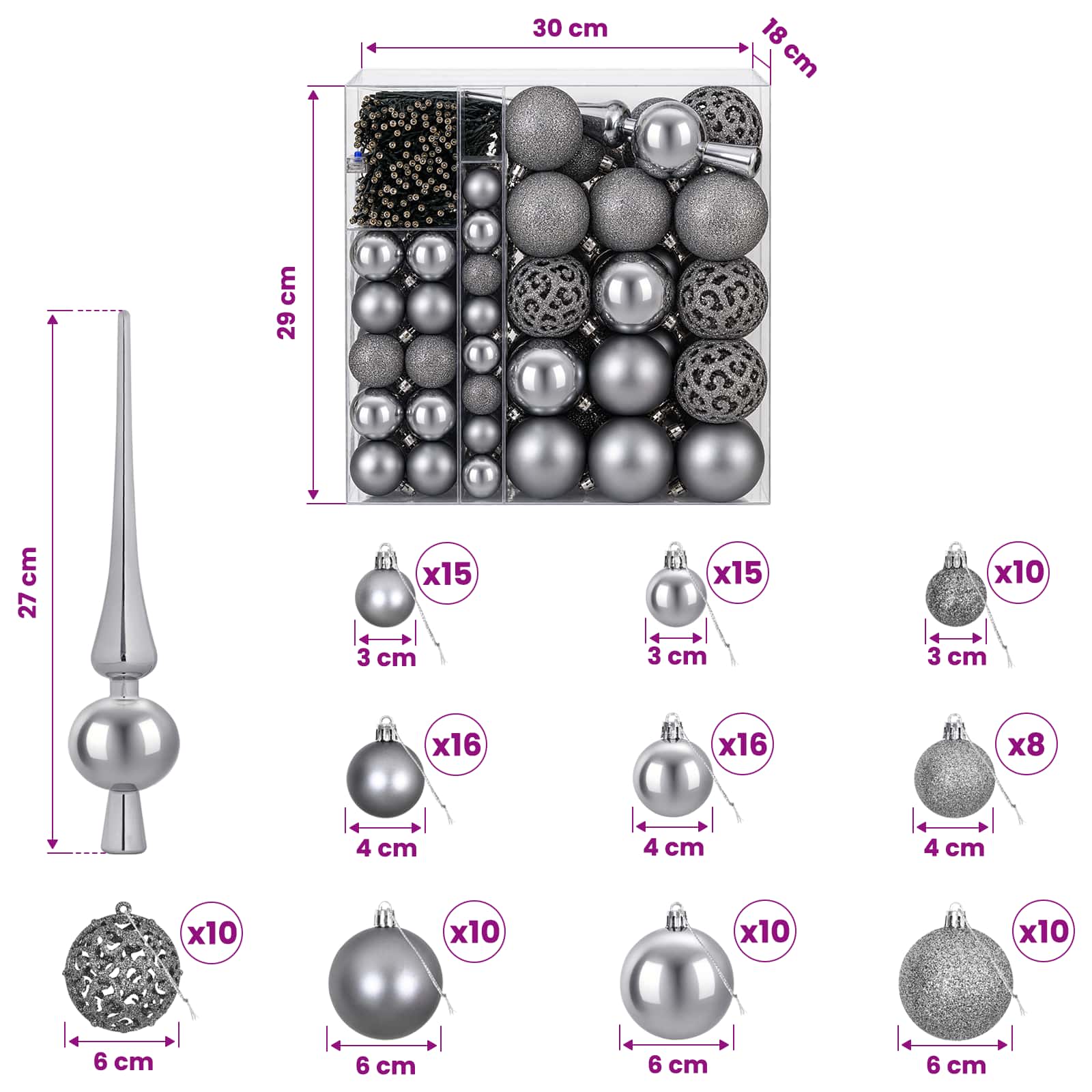 Set božičnih okraskov 120 kos Siva Premer 6 cm Plastika 300 LED