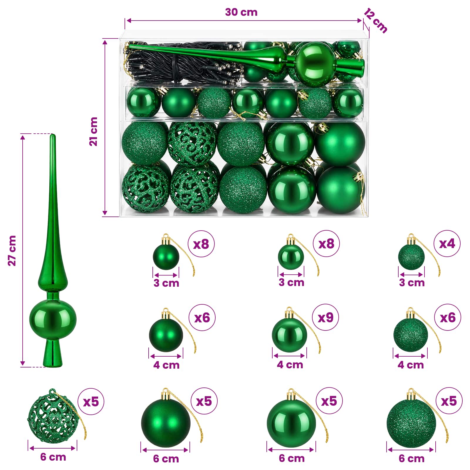 Set božičnih okraskov 61 kos Zelena Premer 6 cm Plastika