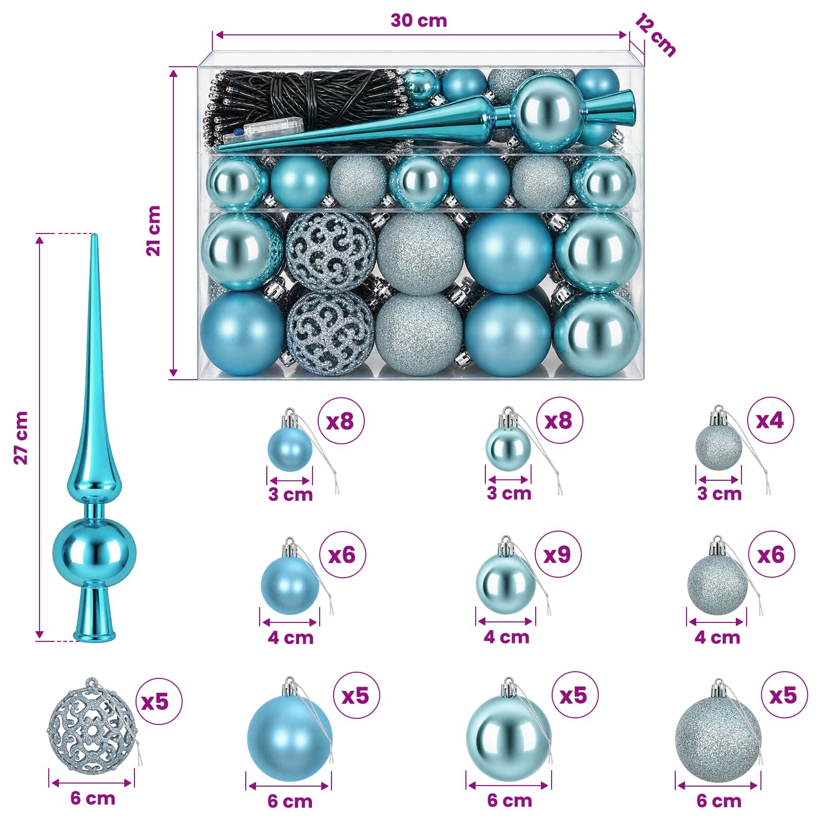 Set božičnih okraskov 61 kos Turkizna Premer 6 cm Plastika