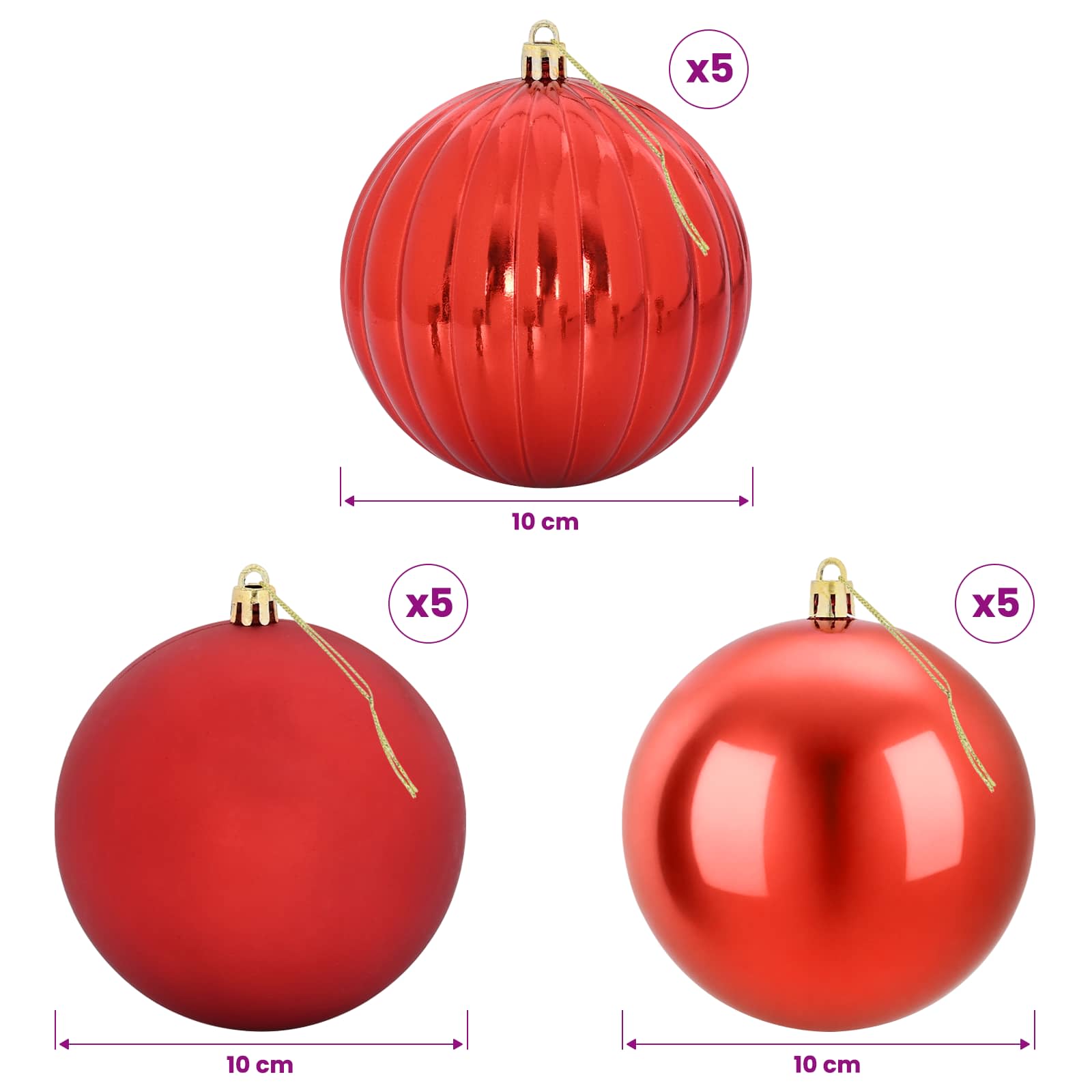 Set božičnih kroglic XL 15 kos Rdeča Premer 10 cm Plastika