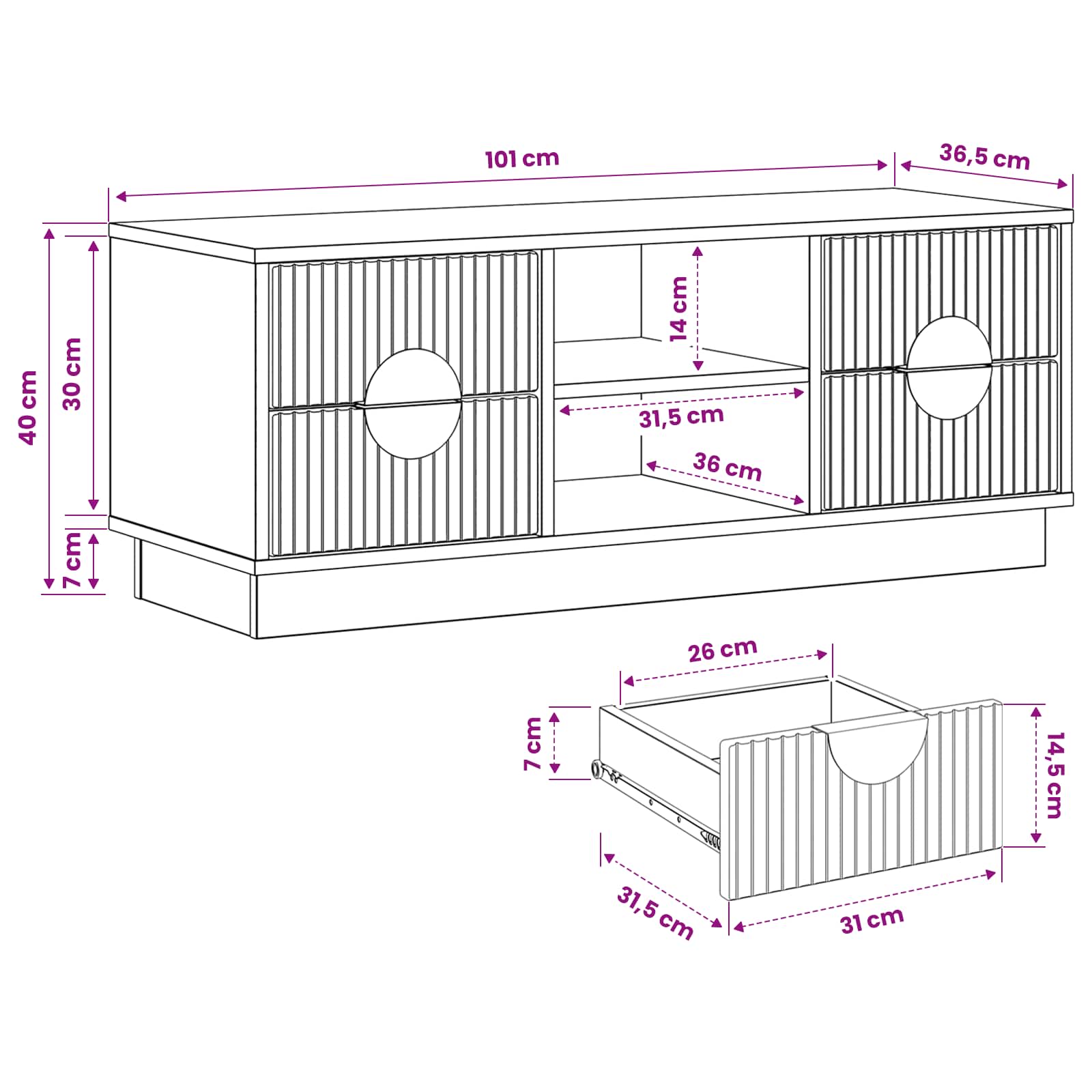 TV omarica VENRAY 101 x 36,5 x 40 cm Bela visok sijaj