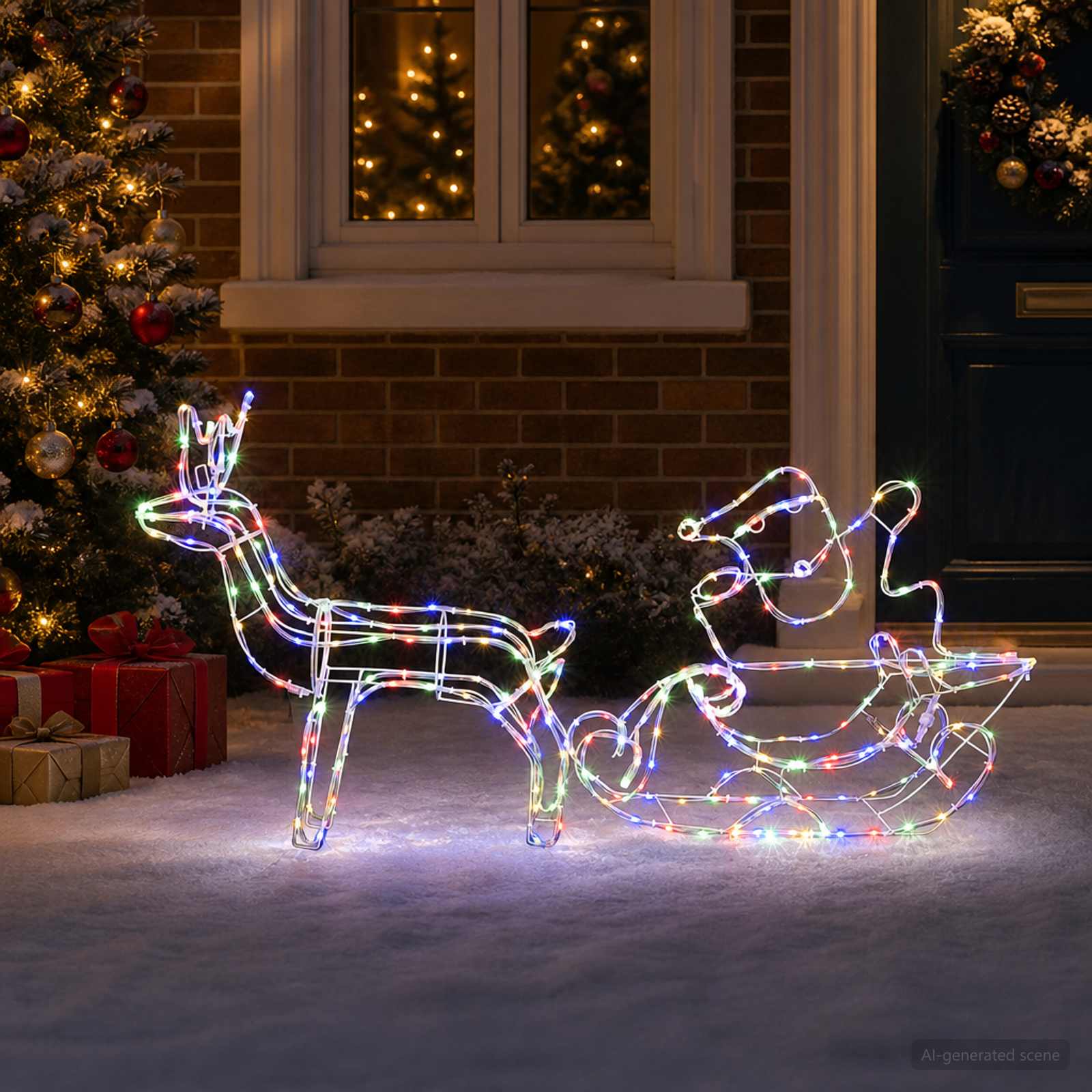 Božična dekoracija jelen s sanmi LOVIISA 320 LED Večbarvno