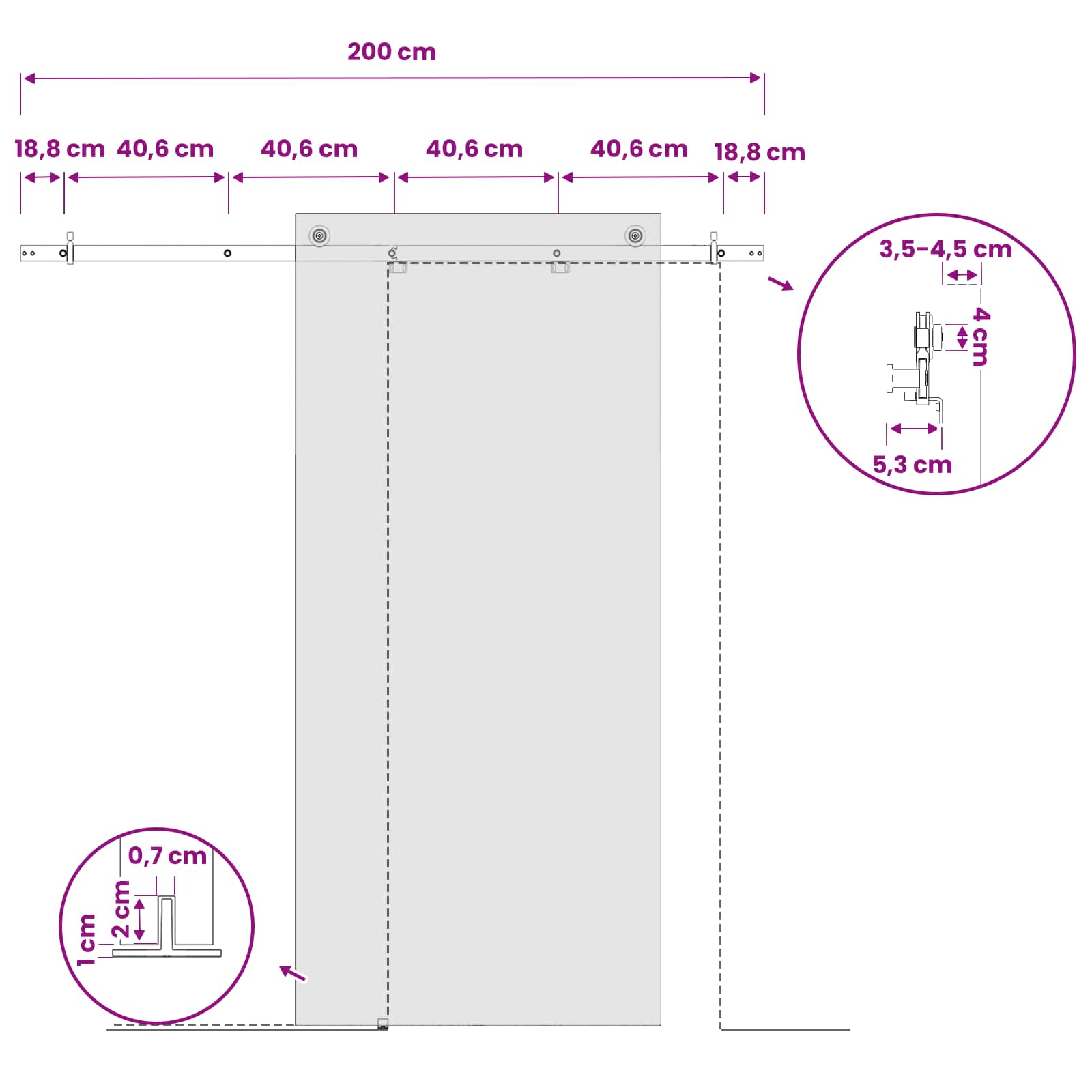 Komplet okovja za drsna vrata 200 cm Jeklo Črna