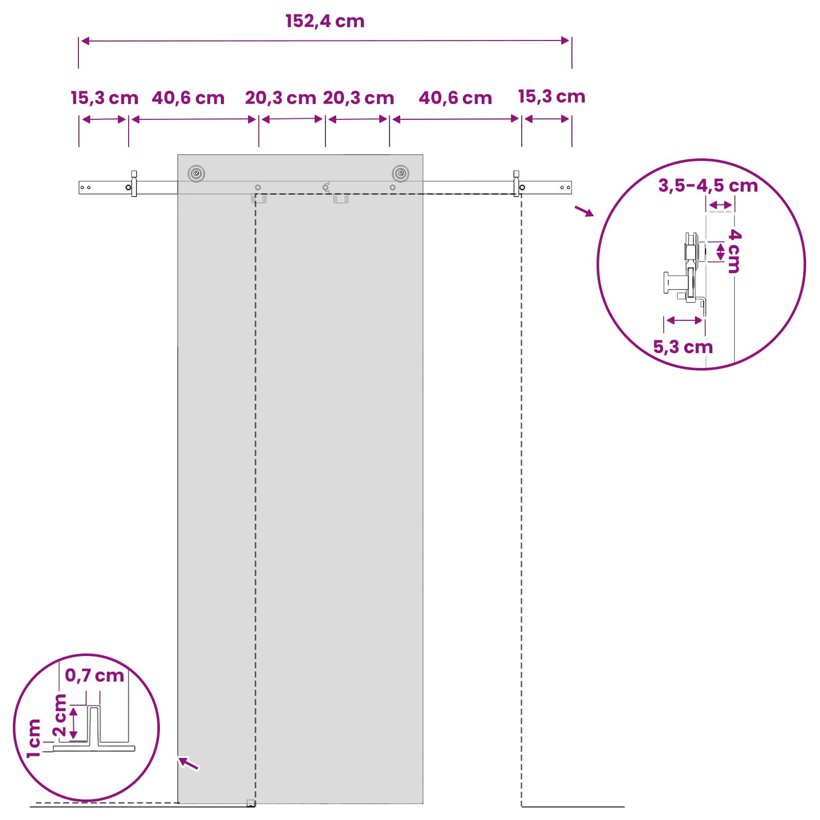 Komplet okovja za drsna vrata 152,4 cm Jeklo Bela
