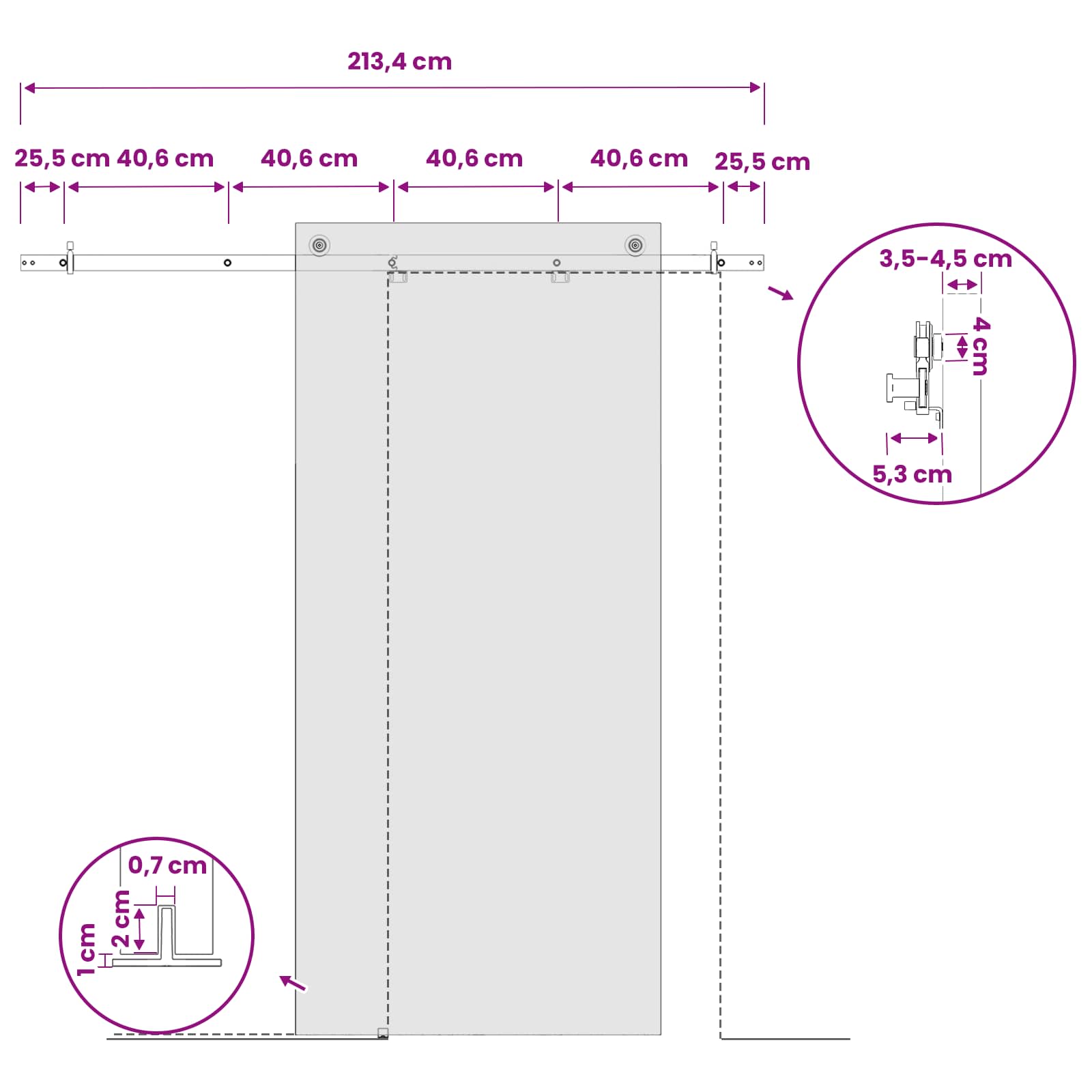 Komplet okovja za drsna vrata 213,4 cm Jeklo Bela
