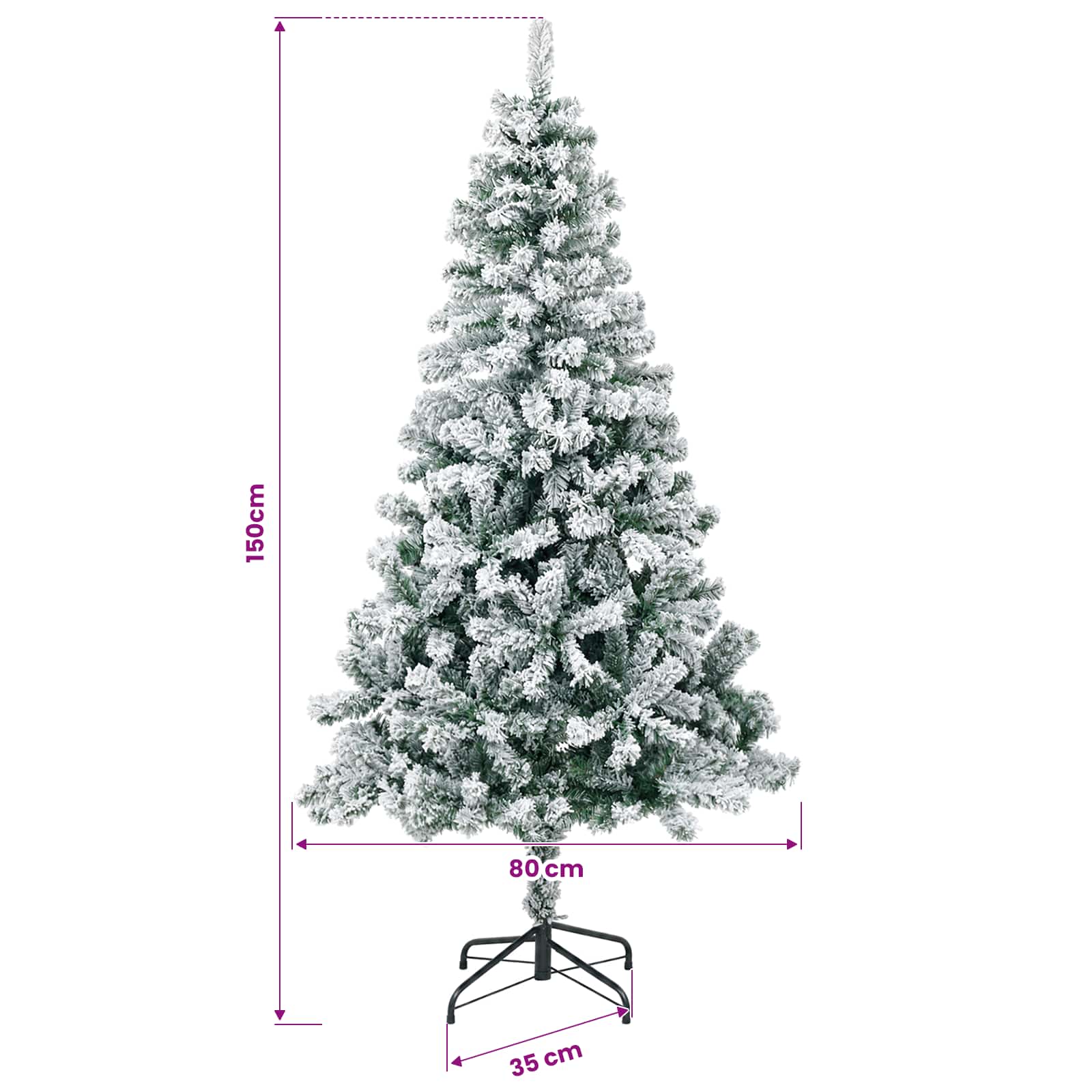 Artificial Hinged Christmas Tree 150 LEDs Warm size guide