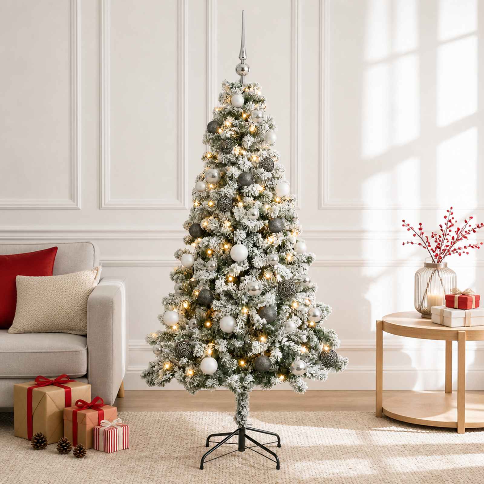 vidaXL Kunstig juletræ med kugler 120 cm 150 LED'er Varm hvid