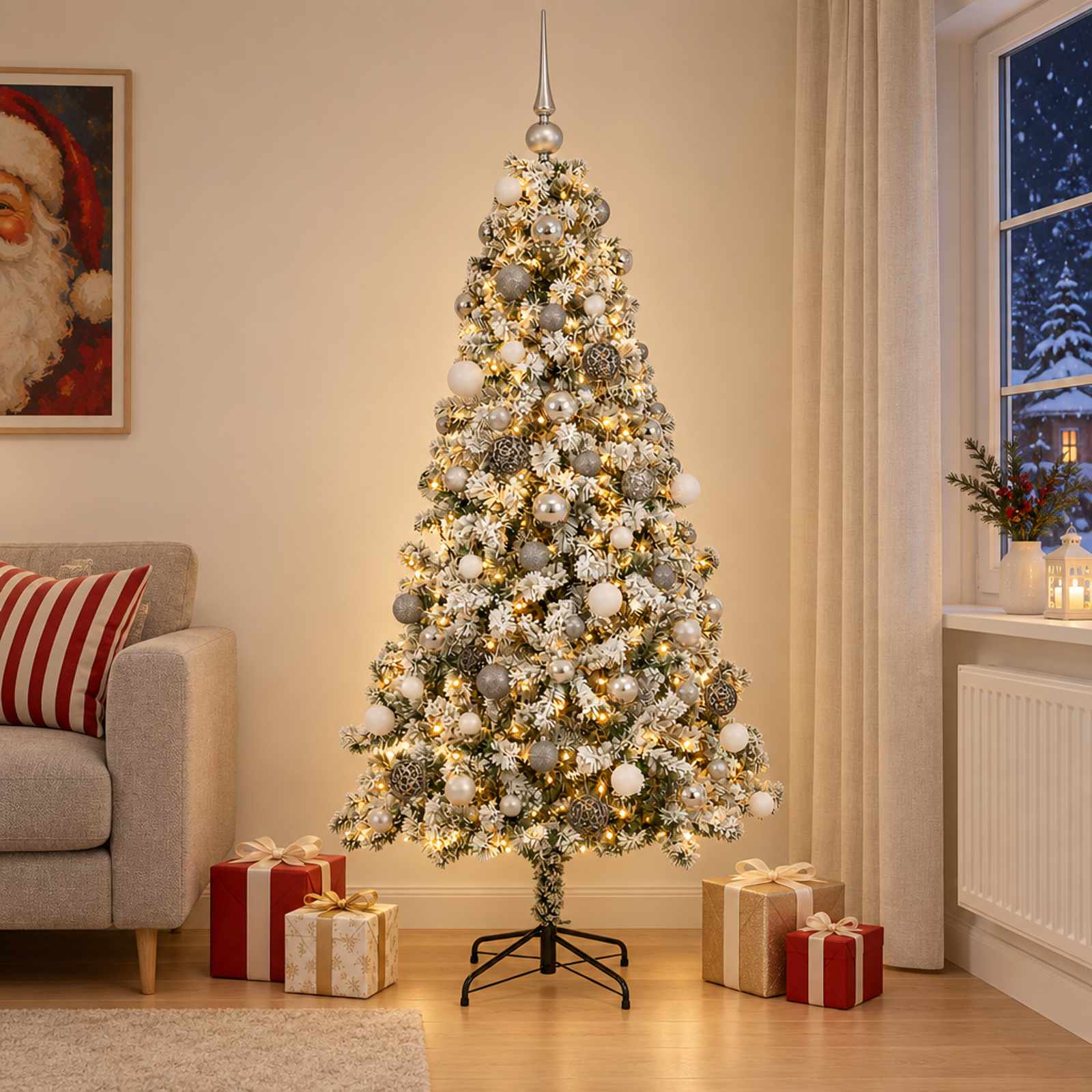 Artificial Christmas tree with baubles and lights, standing in a living room with presents and a Santa painting.