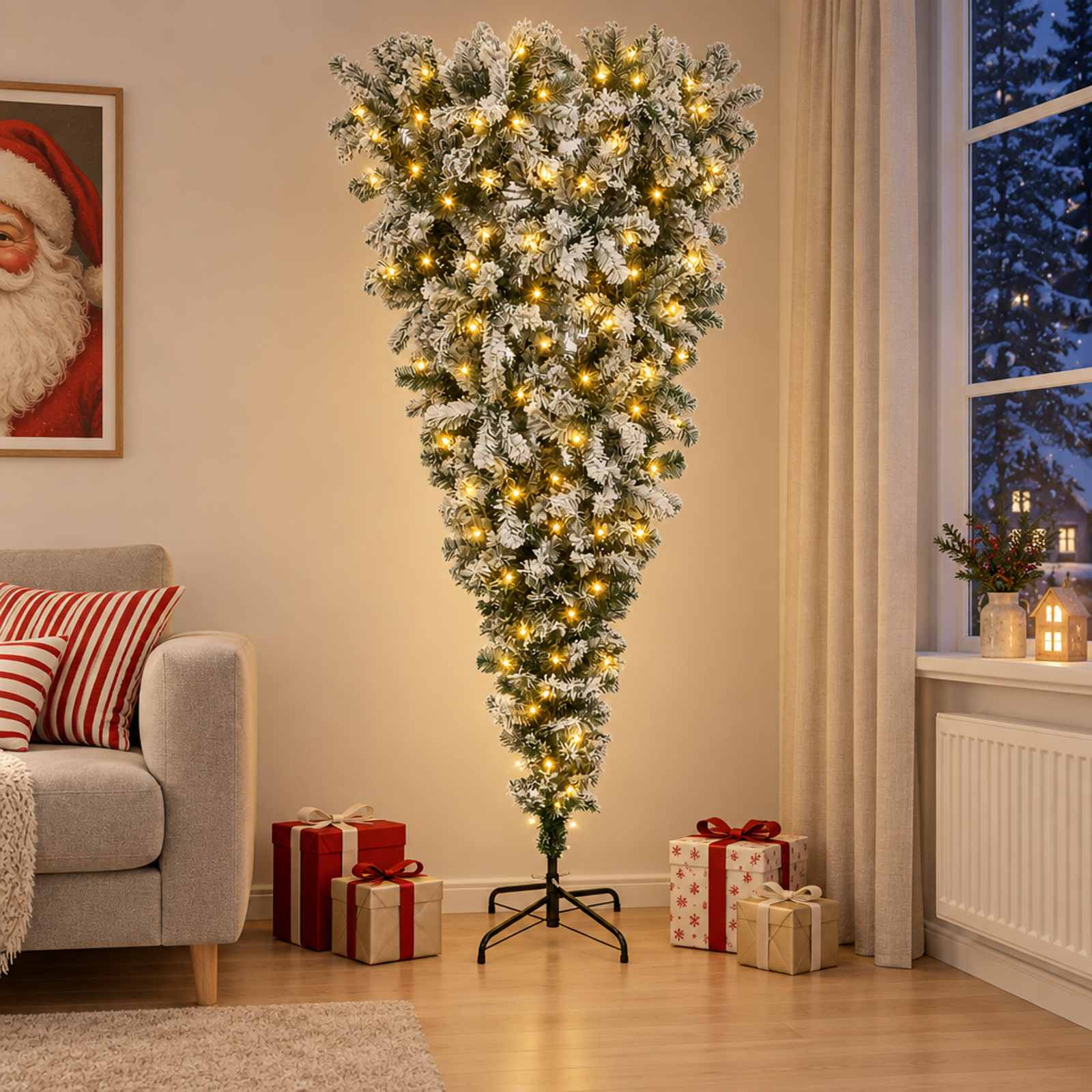 vidaXL Opp-ned kunstig hengslet juletre 150 cm 150 LED-lys Varmhvit