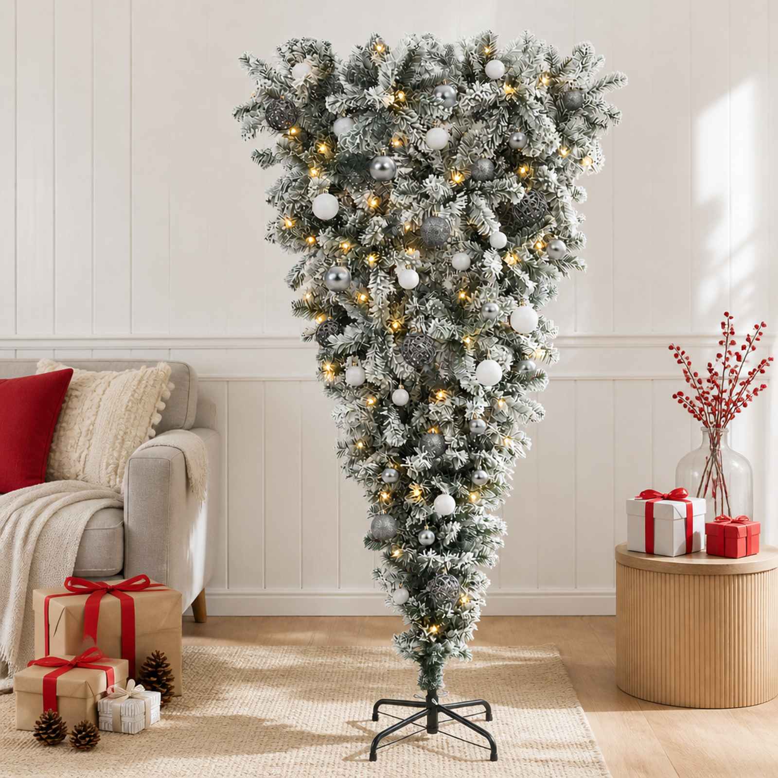 vidaXL Kunstigt juletræ med julekugle 150 cm 150 LED'er Varm hvid