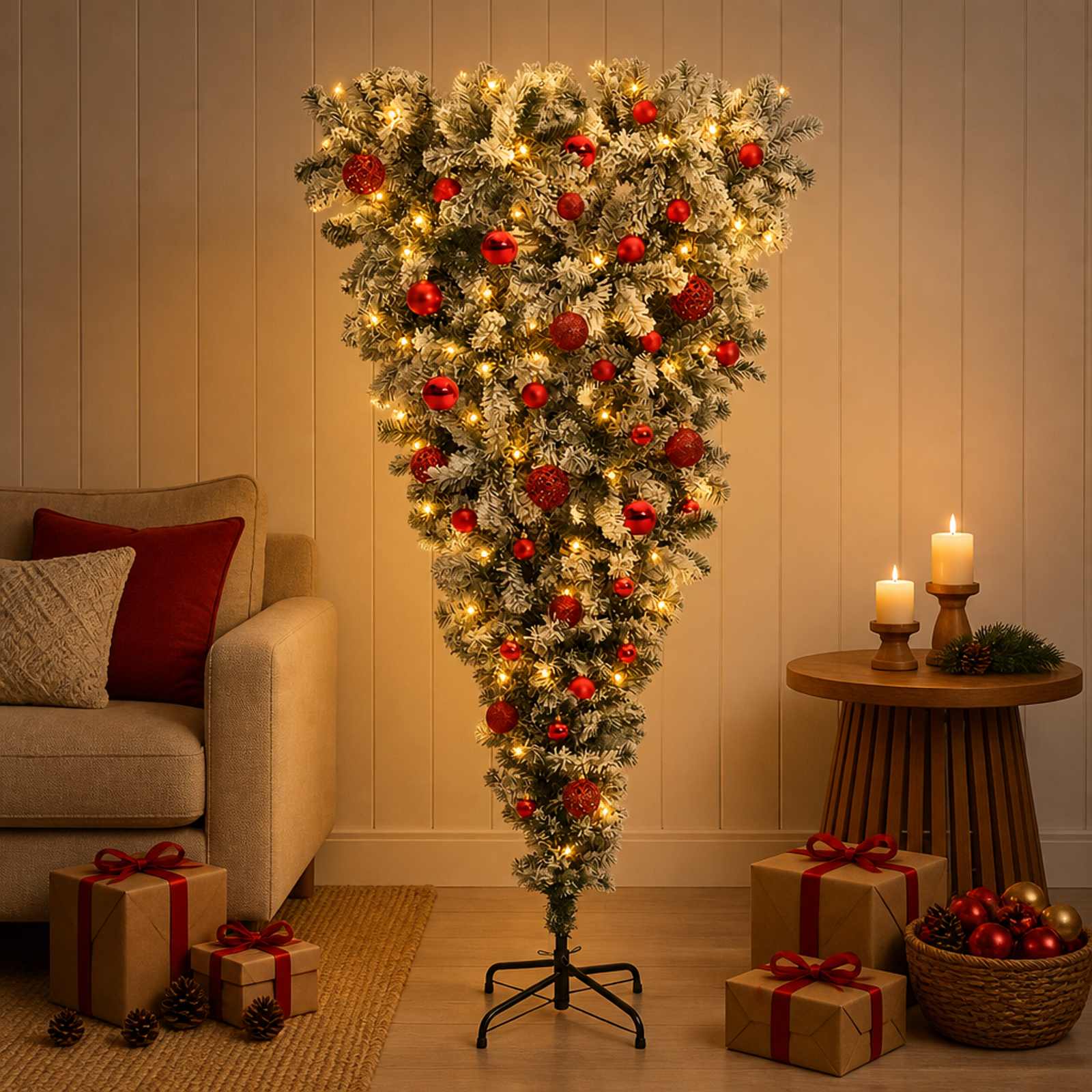 vidaXL Opp-ned kunstig hengslet juletre 150 cm 150 LED-lys Varmhvit