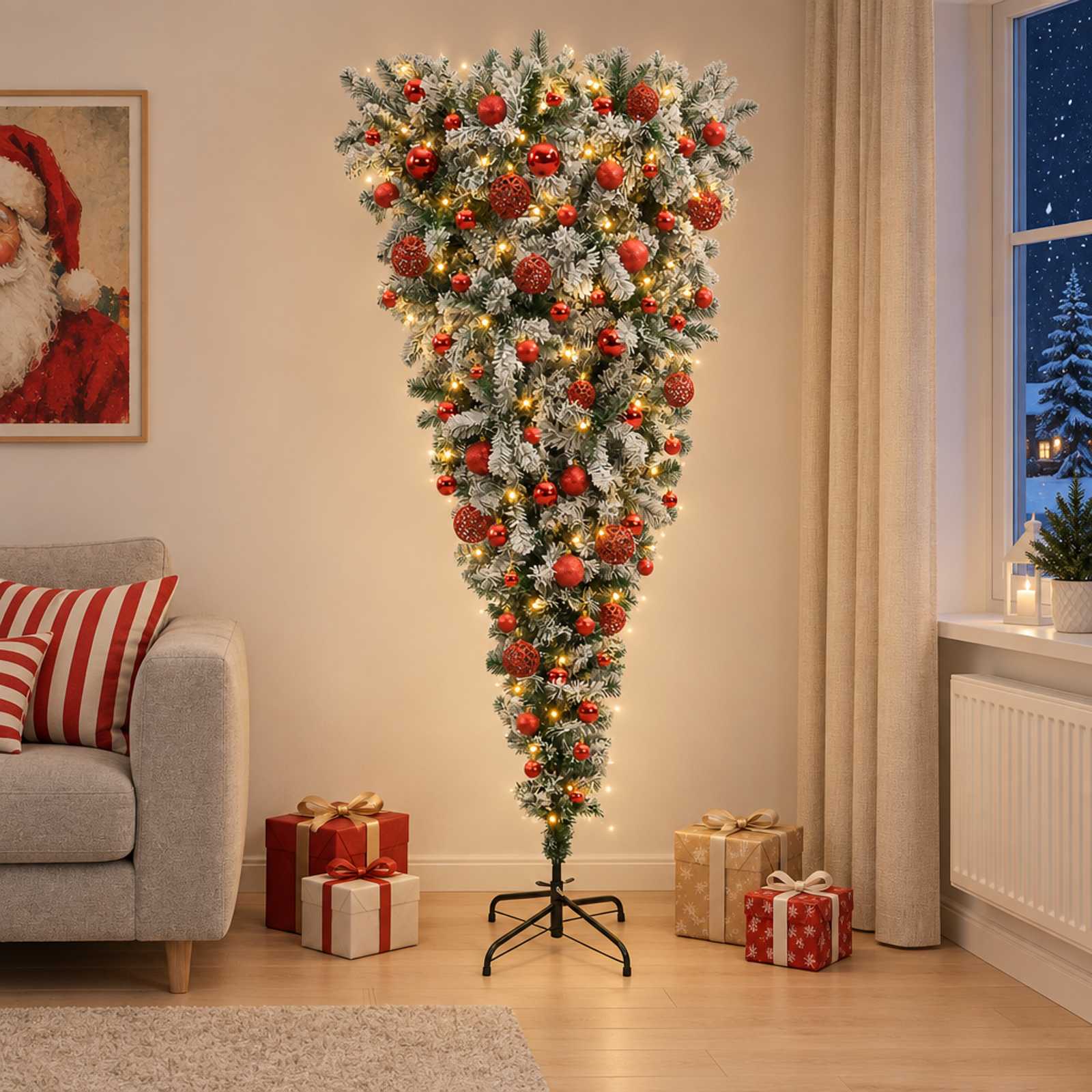 vidaXL Omvendt Kunstig Hængende Juletræ 180 cm 300 LED'er Varm hvid