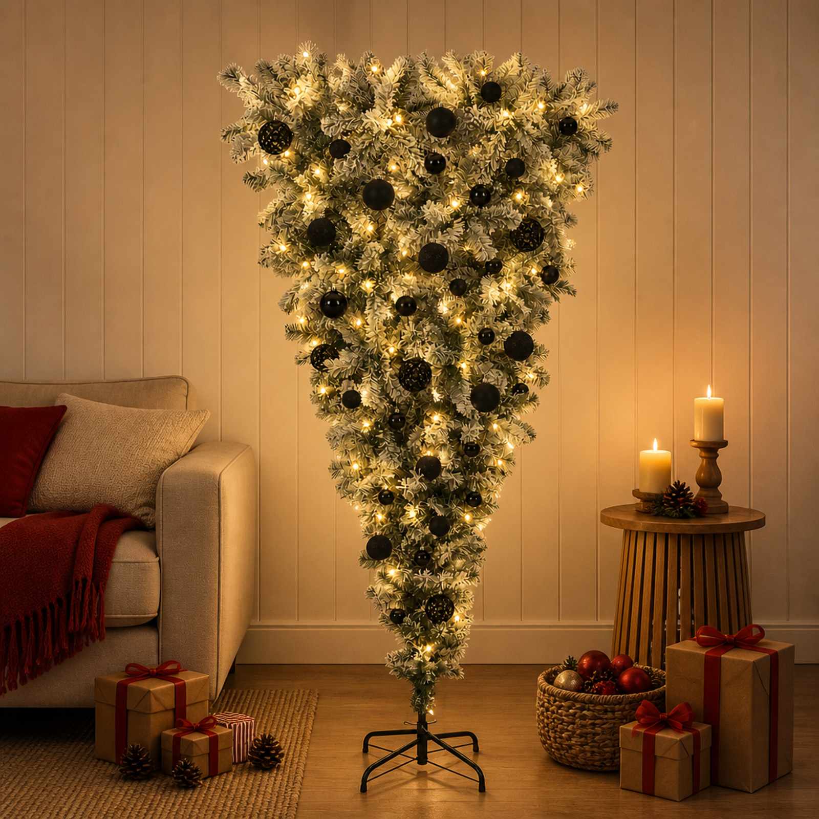 vidaXL Opp-ned kunstig hengslet juletre 150 cm 150 LED-lys Varmhvit