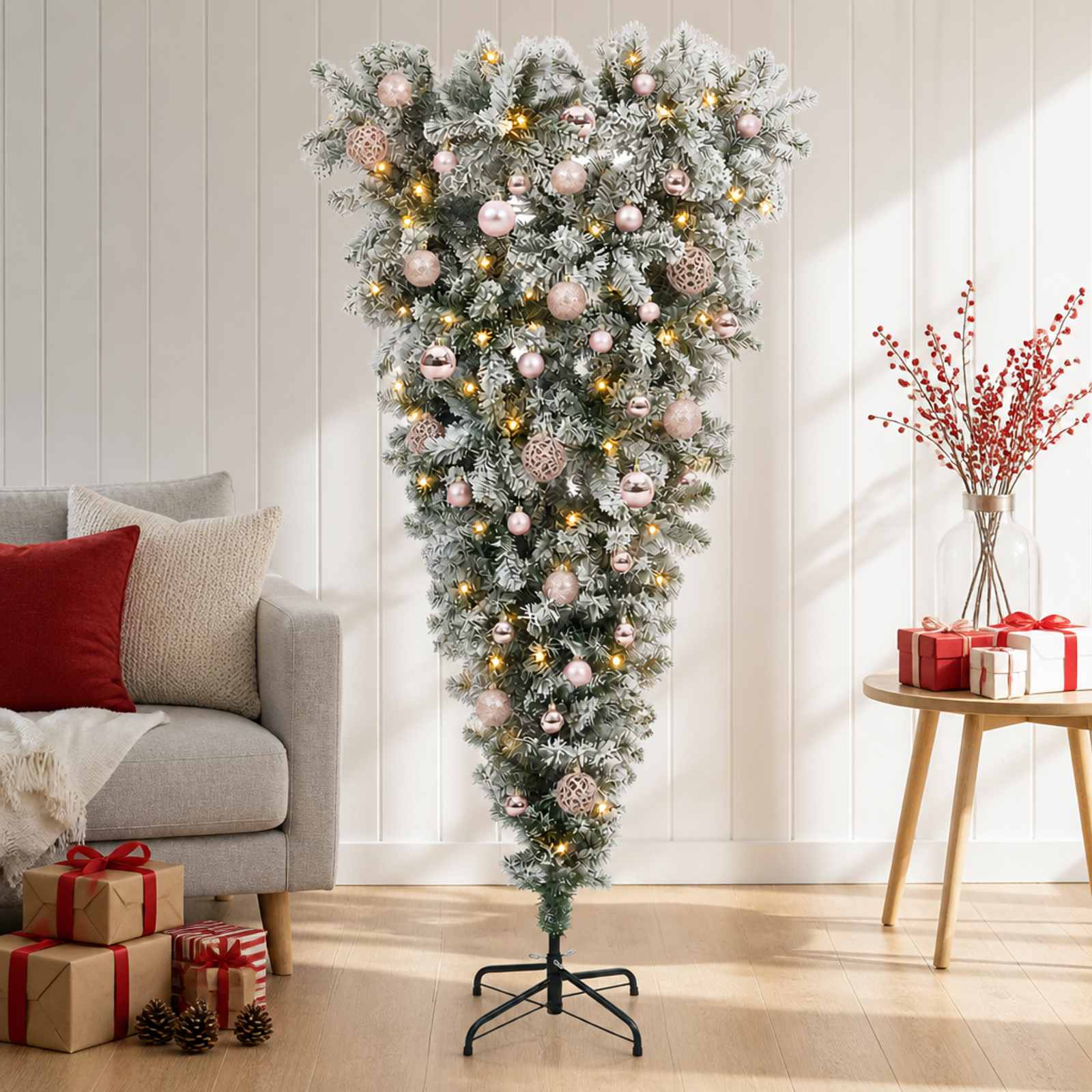 vidaXL Opp-ned kunstig hengslet juletre 150 cm 150 LED-lys Varmhvit