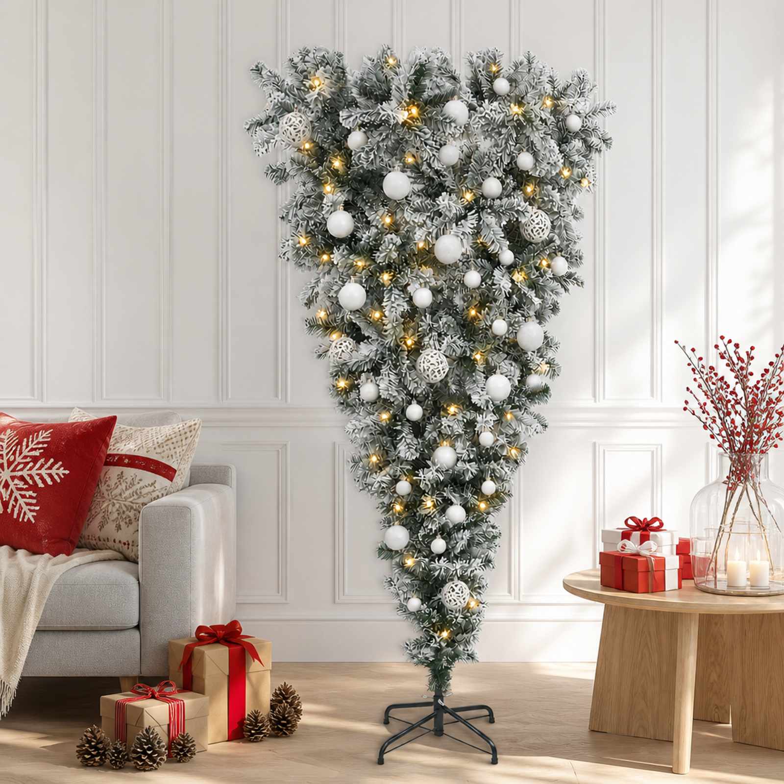 vidaXL Opp-ned kunstig hengslet juletre 150 cm 150 LED-lys Varmhvit