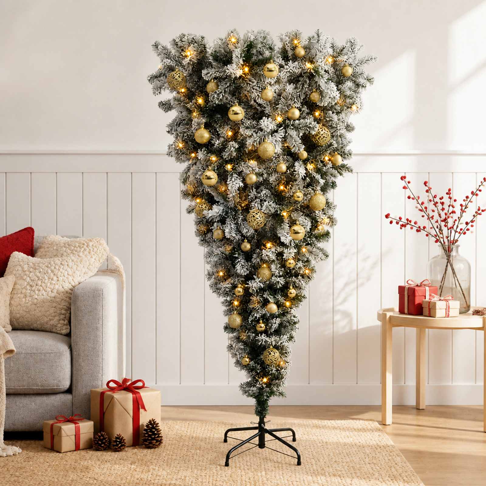 vidaXL Opp-ned kunstig hengslet juletre 150 cm 150 LED-lys Varmhvit
