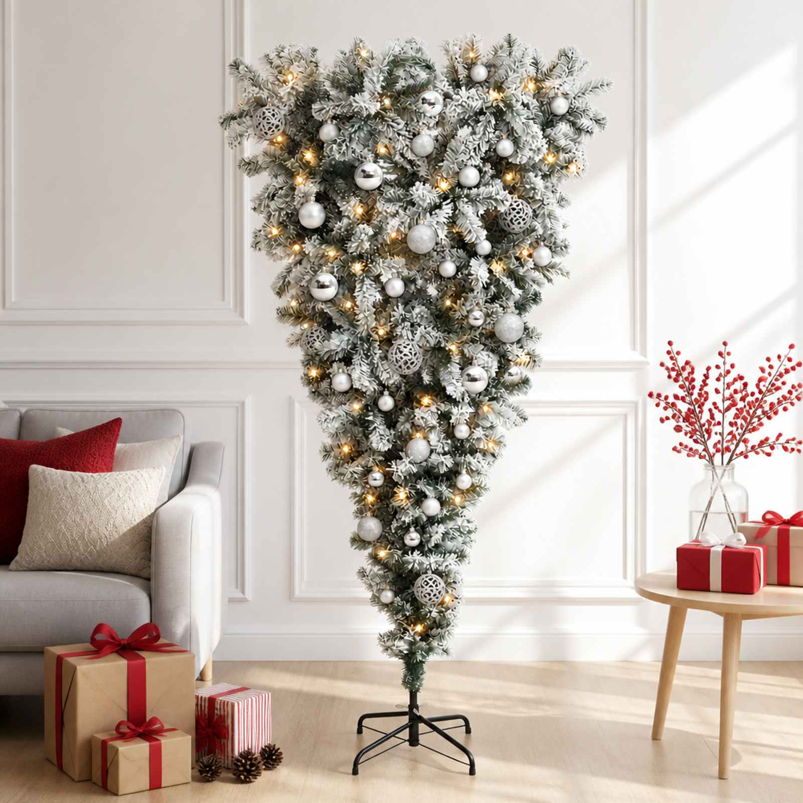 vidaXL Opp-ned kunstig hengslet juletre 150 cm 150 LED-lys Varmhvit