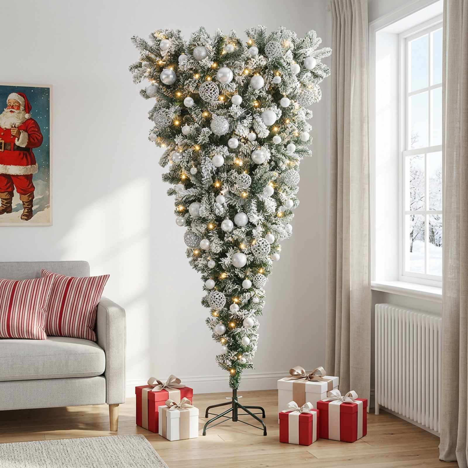 vidaXL Omvendt Kunstig Hængende Juletræ 180 cm 300 LED'er Varm hvid