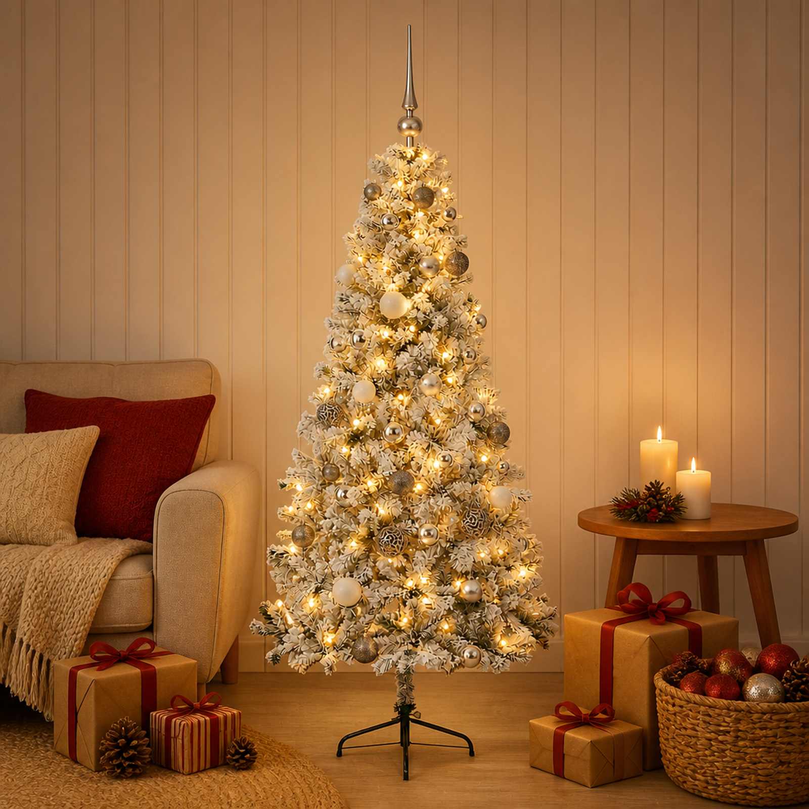 vidaXL Kunstigt juletræ med julekugle 150 cm 150 LED'er Varm hvid