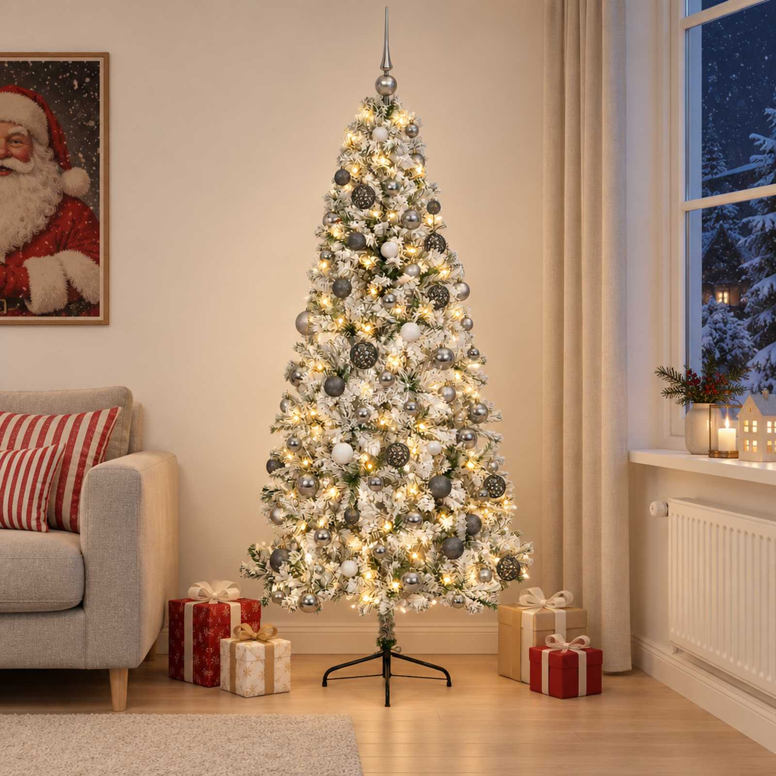 vidaXL Kunstigt juletræ med julekugle 210 cm 300 LED'er Varm hvid