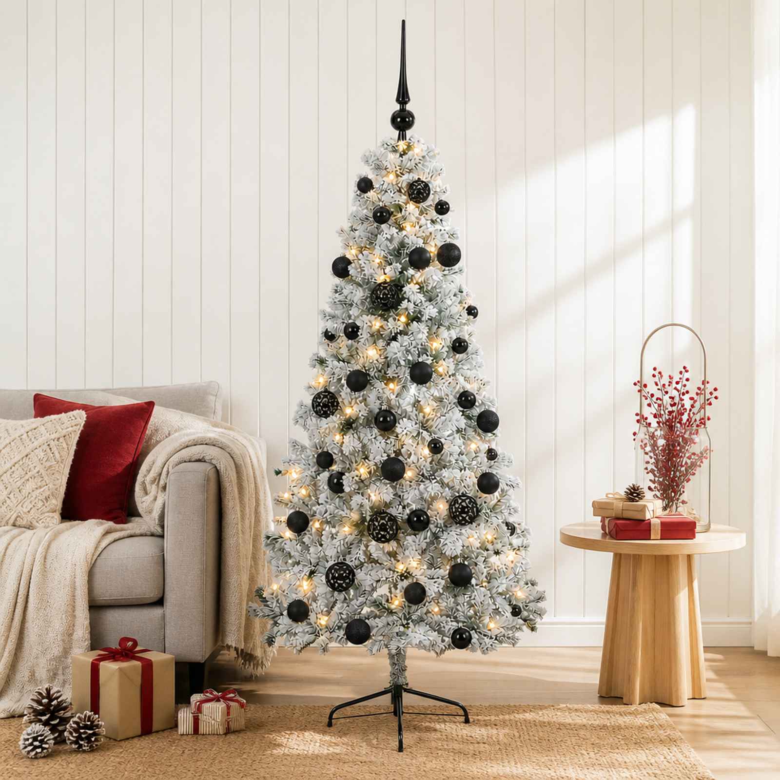 vidaXL Kunstig juletre med julekuler 150 cm 150 LED-lys Varmhvit
