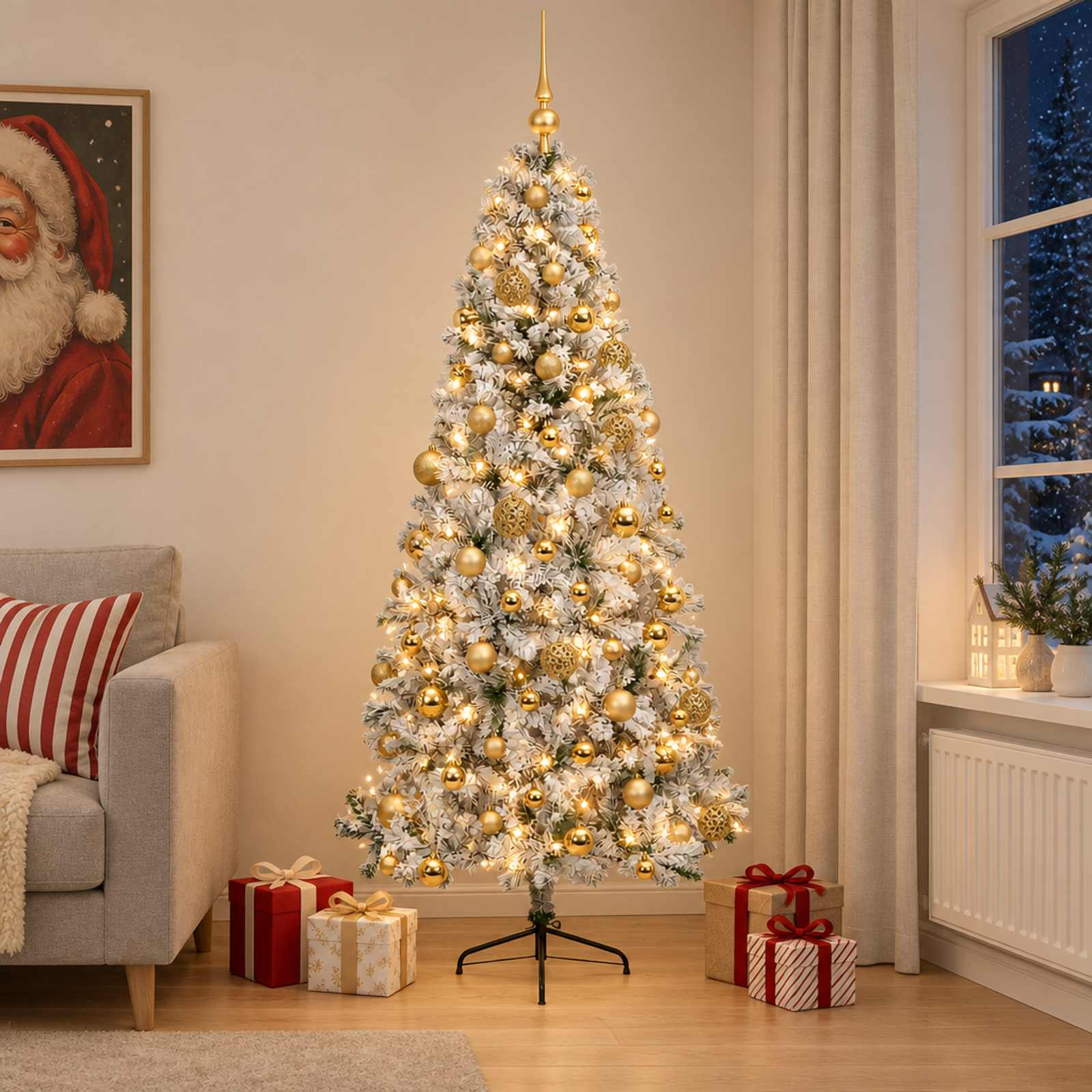 Halvrundt kunstigt juletræ med LED og julekugler 240 cm - varm hvid