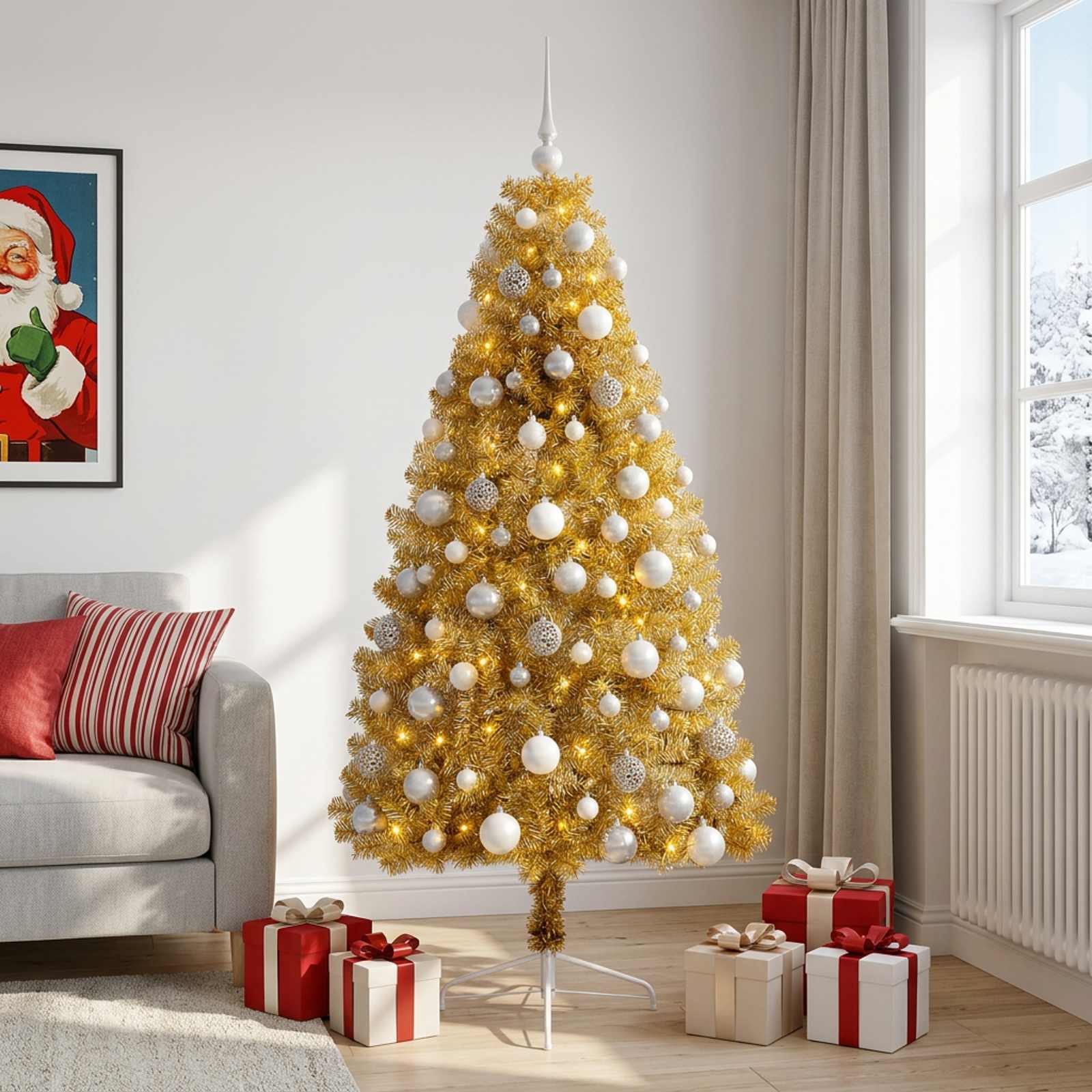 vidaXL Kunstigt juletræ med julekugle 210 cm 300 LED'er Varm hvid
