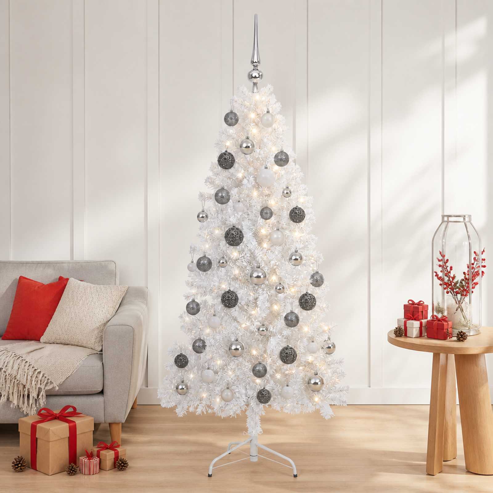 vidaXL Kunstigt juletræ med julekugle 150 cm 150 LED'er Varm hvid