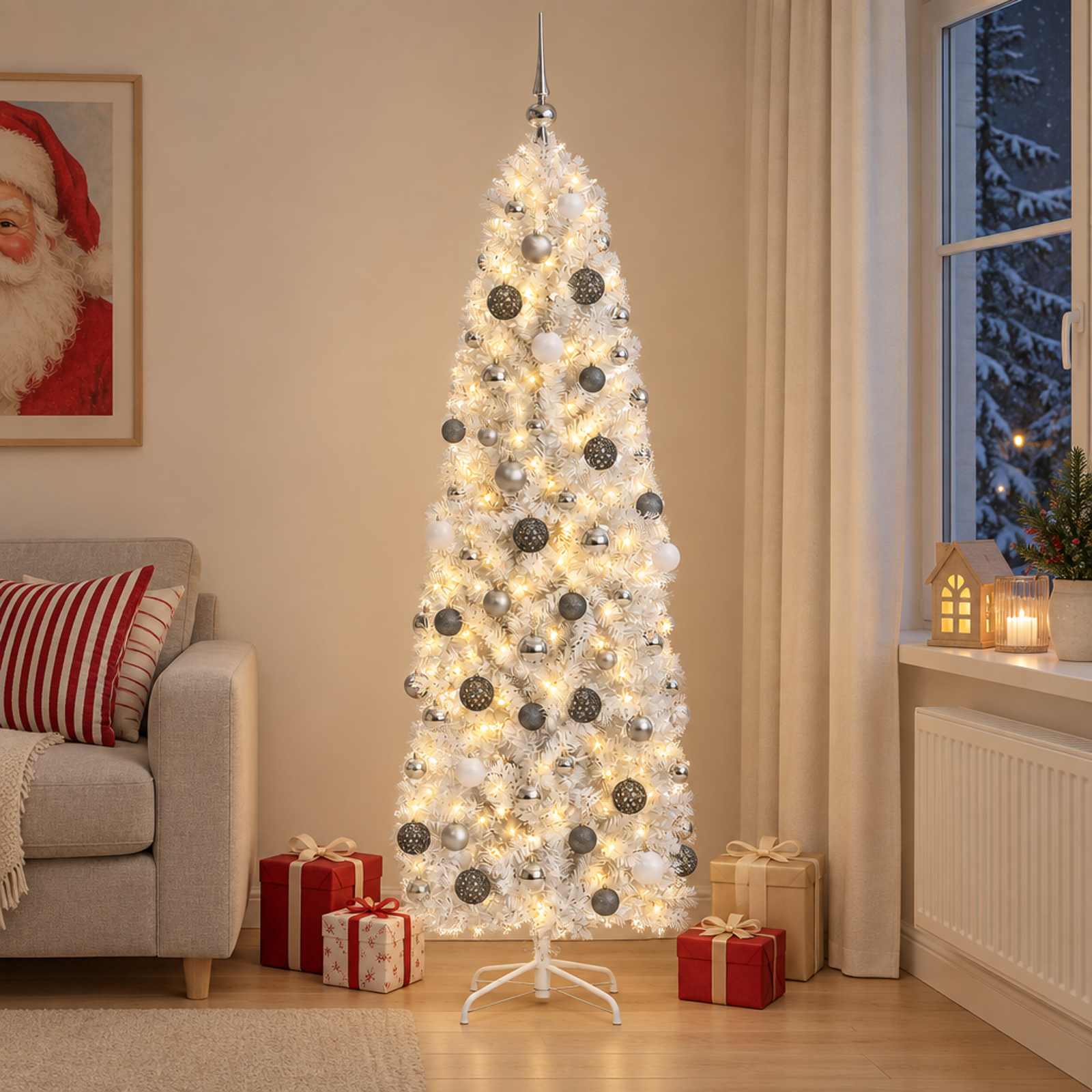 vidaXL Kunstig smalt juletre med julekuler 240 cm 300 LED-lys Varmhvit