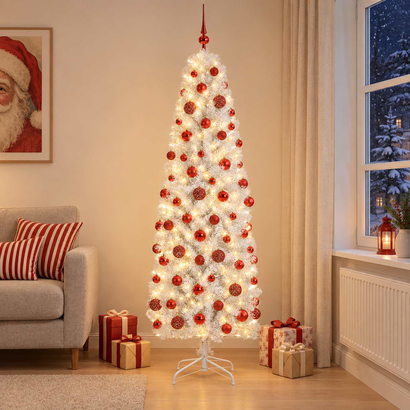 Umetno ozko božično drevesce z božično kroglico 210 cm 300 LED