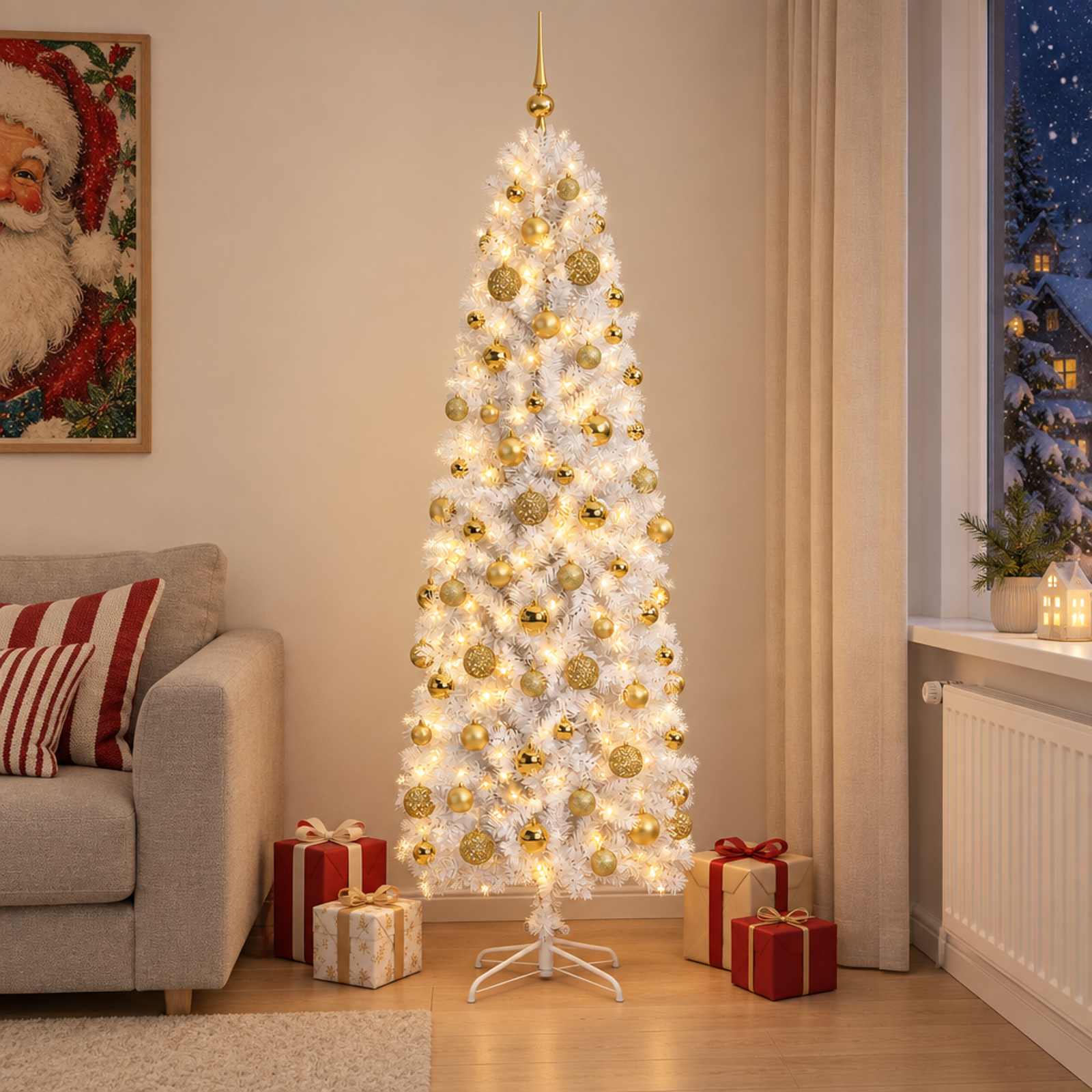 vidaXL Kunstigt slankt juletræ med julekugle 210 cm 300 LED'er