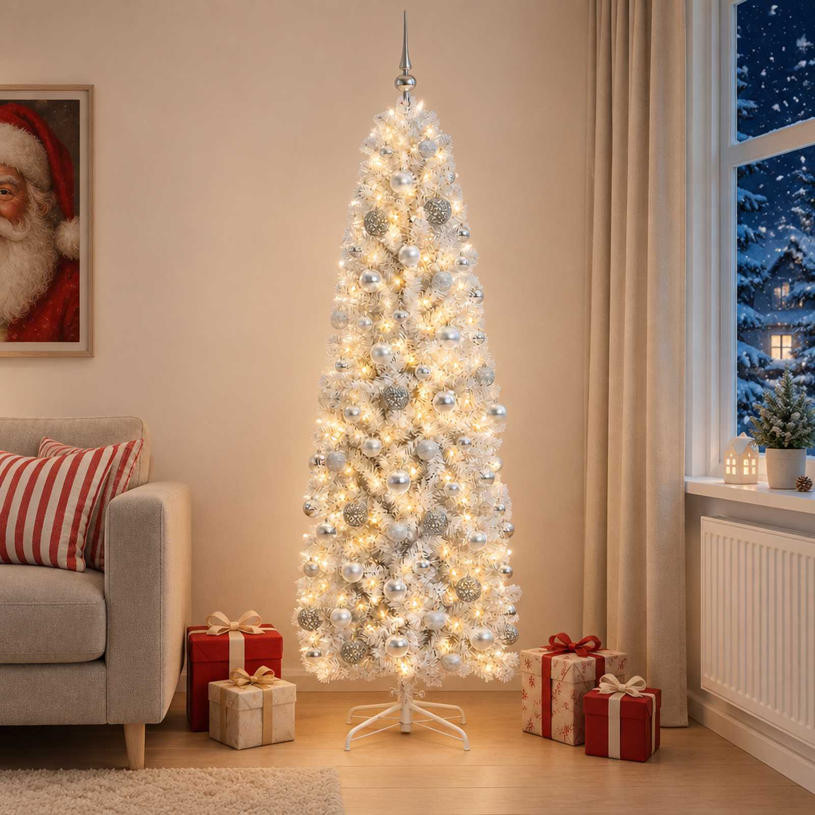 vidaXL Kunstigt slankt juletræ med julekugle 210 cm 300 LED'er
