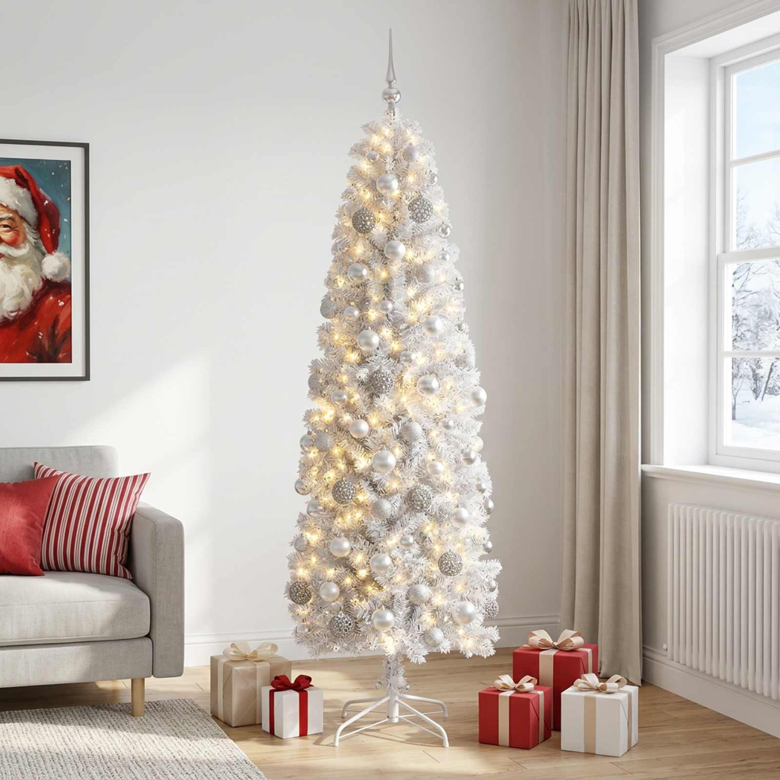 Umetno ozko božično drevesce z božično kroglico 180 cm 300 LED